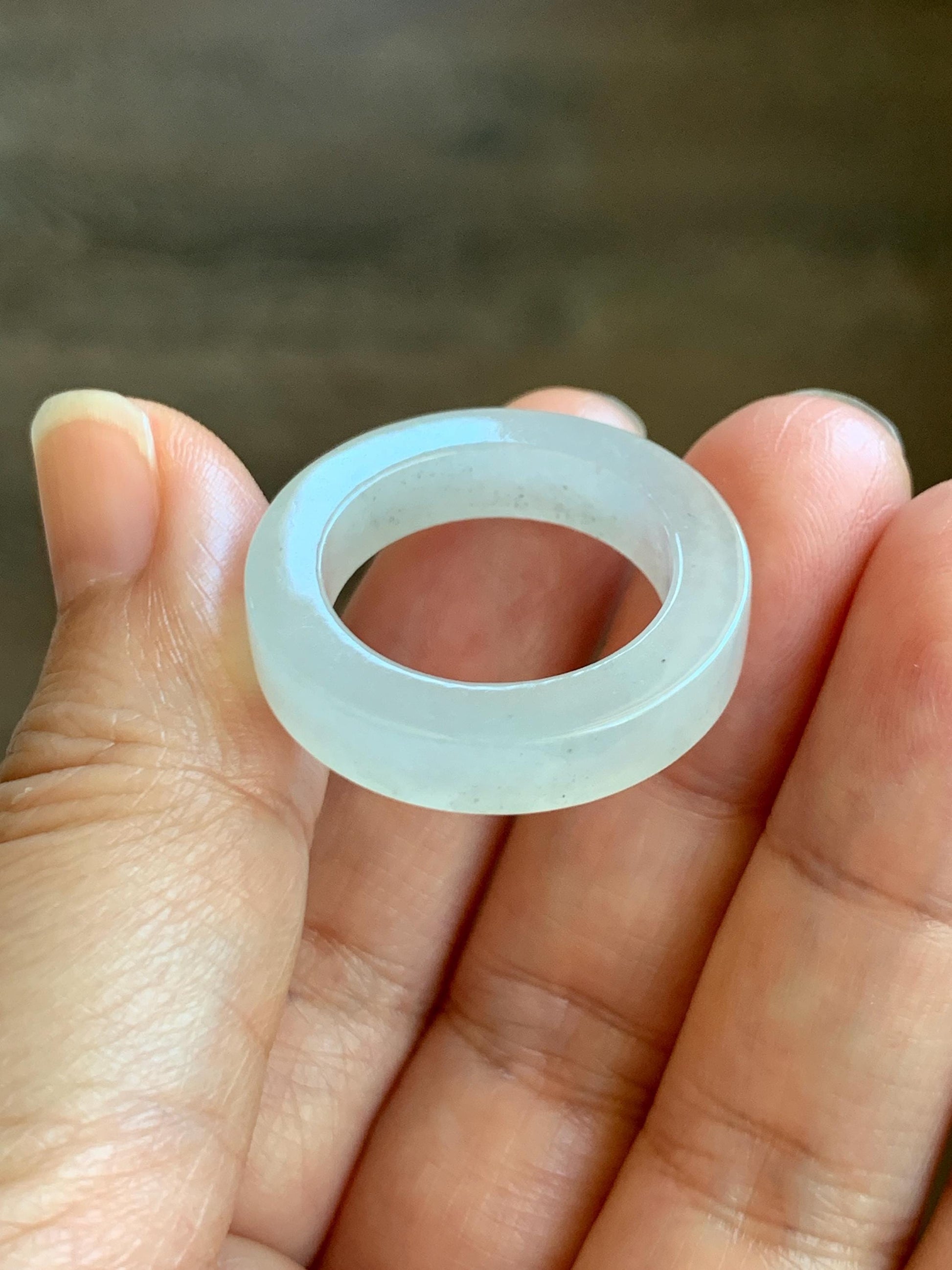 Natural Grade A Icy Translucent Gelatinous Light Wuji Marbled Jade Jadeite Square Edged Band Ring Size 9.5 US 6g 天然冰胶淡乌鸡翡翠方条戒圈 MWJ-A