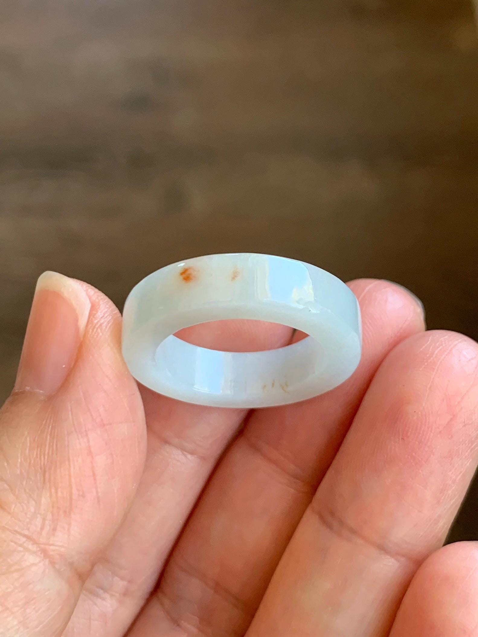 Natural Grade A Icy Translucent Orange Marbled Jade Jadeite Square Edged Band Ring Size 7.25 US 4g 天然撒金翡翠方条戒圈 MSJ88A