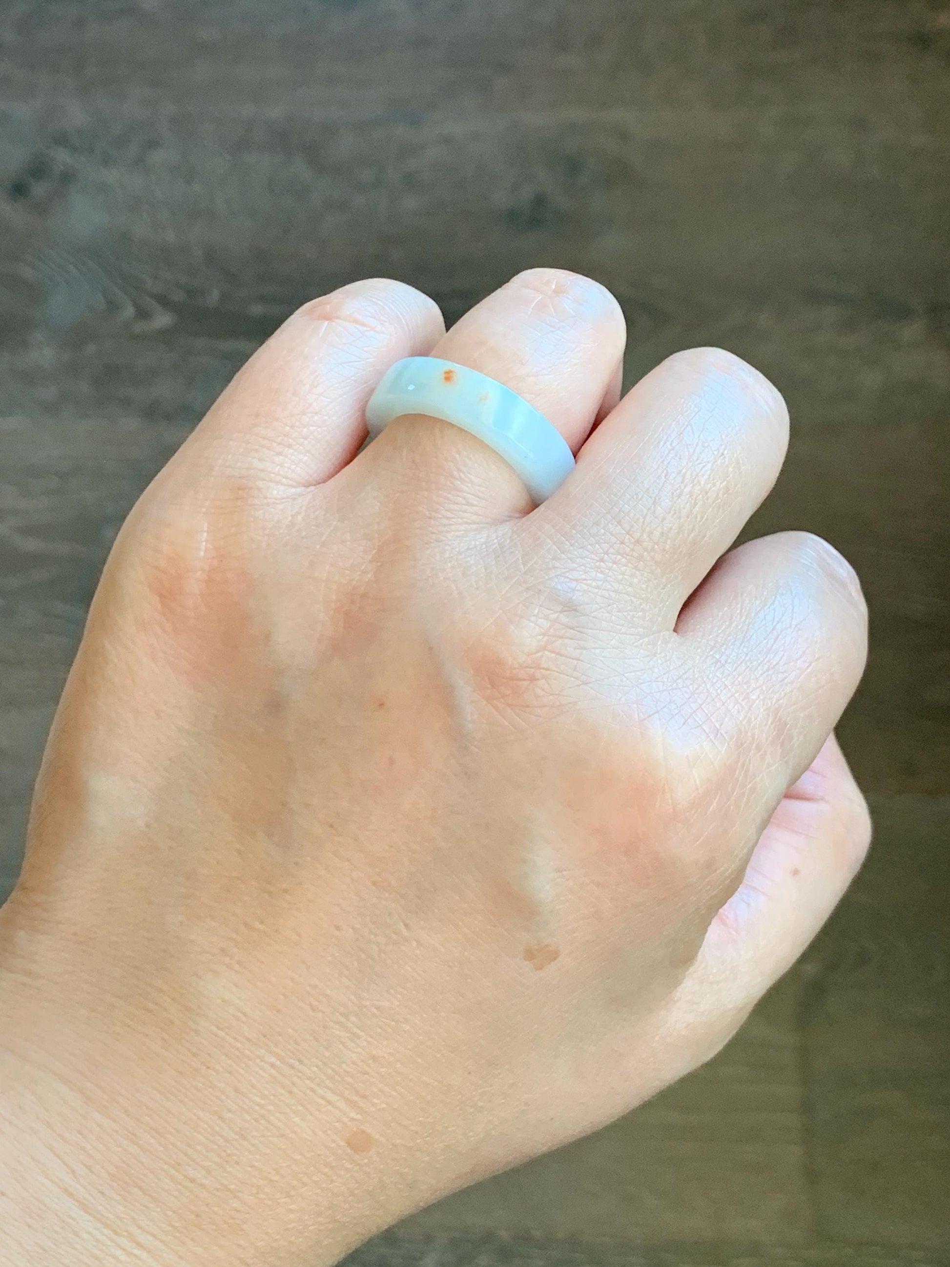 Natural Grade A Icy Translucent Orange Marbled Jade Jadeite Square Edged Band Ring Size 7.25 US 4g 天然撒金翡翠方条戒圈 MSJ88A