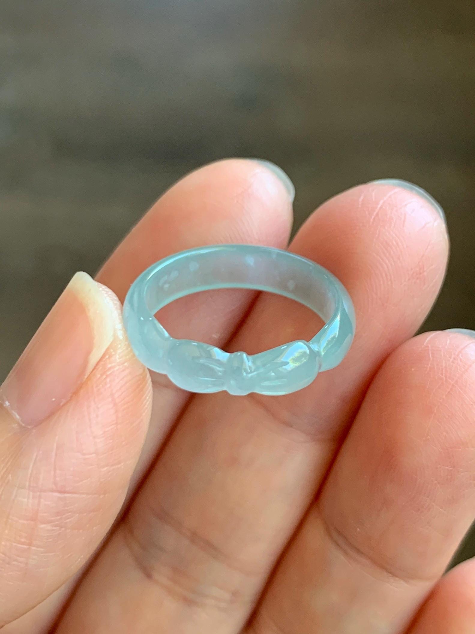 Natural Grade A Guatemalan Icy Highly Translucent Pastel Teal Jade Jadeite Carved Bow Band Ring Size 6 US 天然冰危起光浅蓝翡翠蝴蝶结戒圈 WHD55A