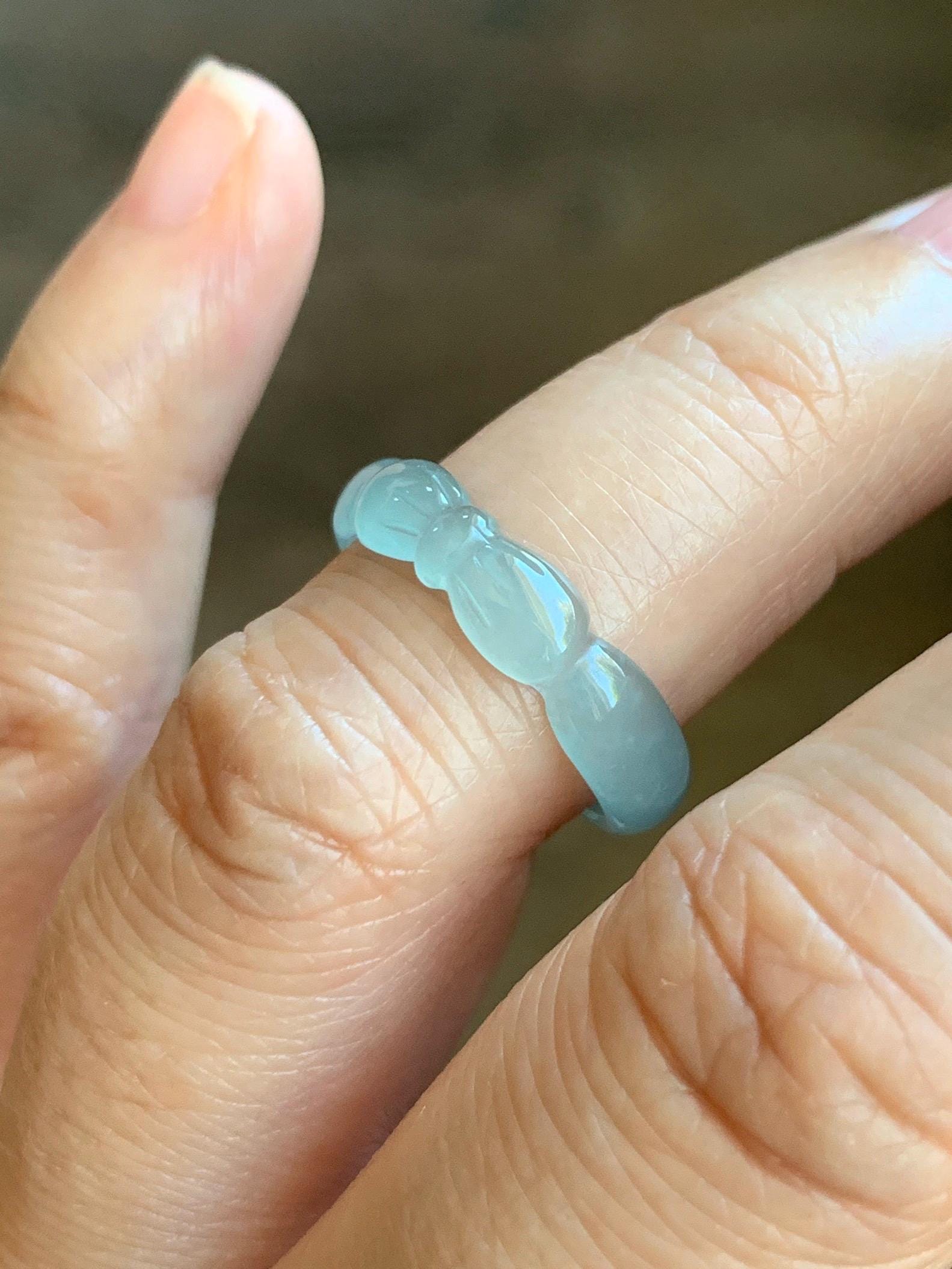 Natural Grade A Guatemalan Icy Highly Translucent Pastel Teal Jade Jadeite Carved Bow Band Ring Size 6 US 天然冰危起光浅蓝翡翠蝴蝶结戒圈 WHD55A