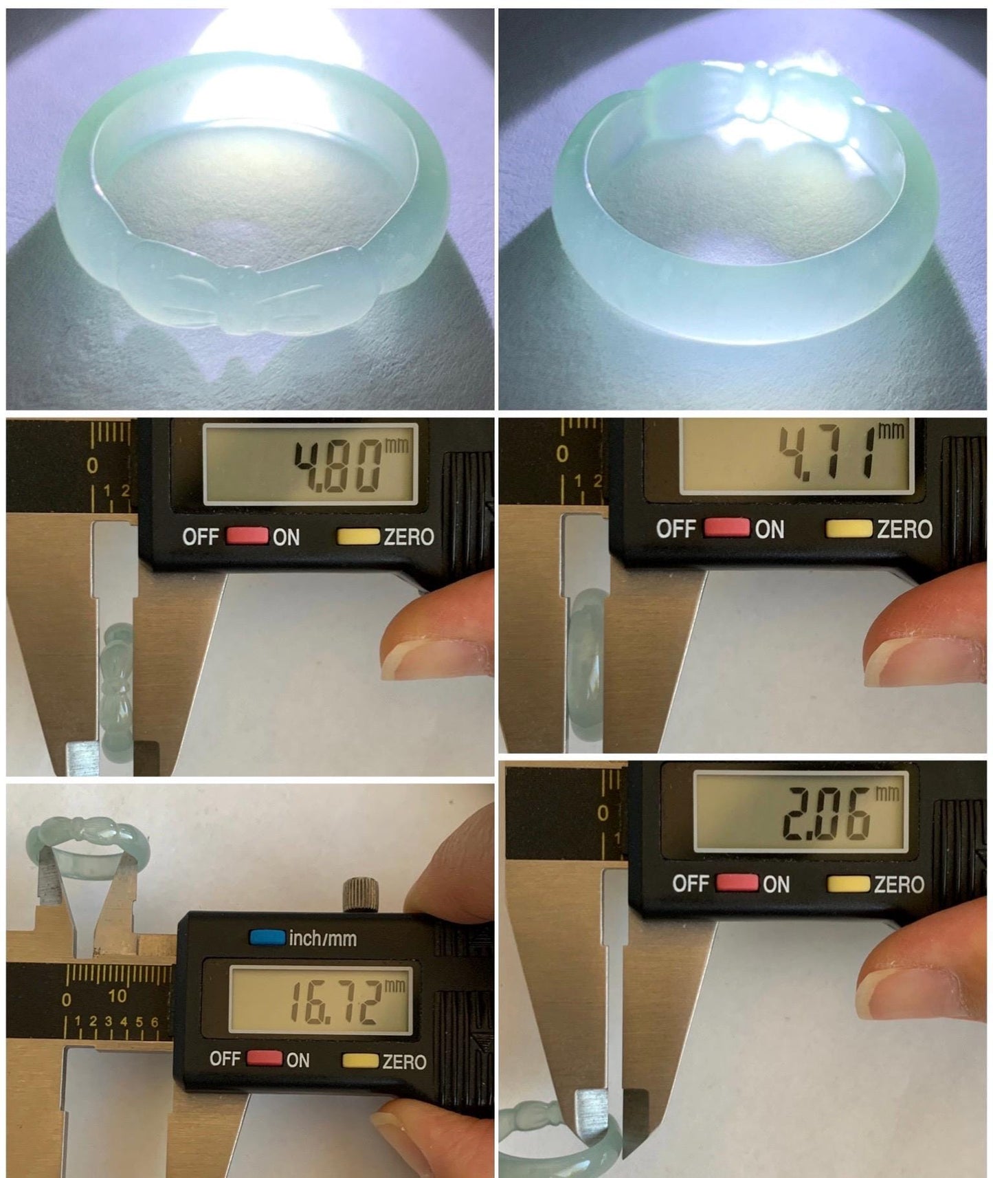 Natural Grade A Guatemalan Icy Highly Translucent Pastel Teal Jade Jadeite Carved Bow Band Ring Size 6 US 天然冰危起光浅蓝翡翠蝴蝶结戒圈 WHD55A