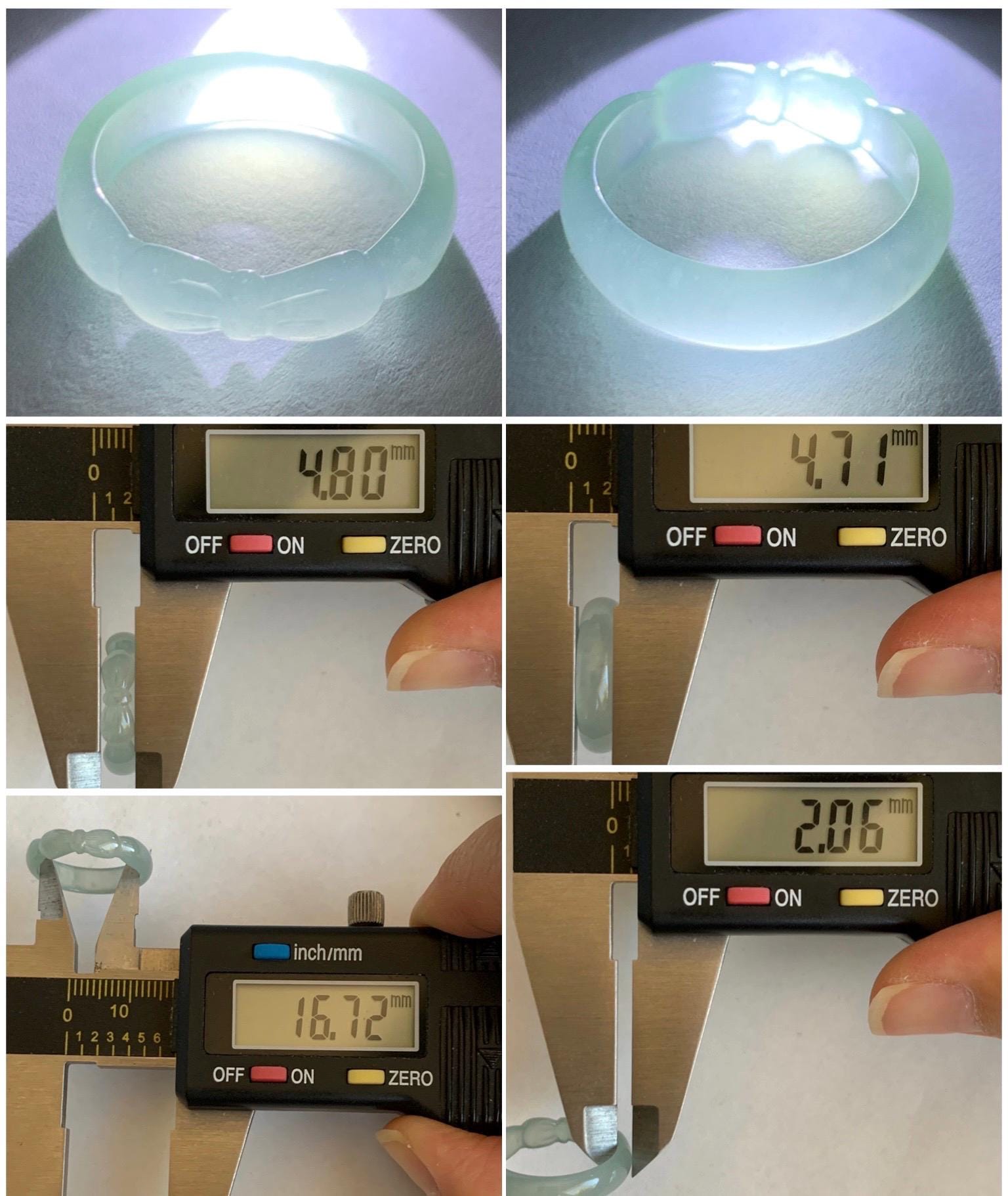 Natural Grade A Guatemalan Icy Highly Translucent Pastel Teal Jade Jadeite Carved Bow Band Ring Size 6 US 天然冰危起光浅蓝翡翠蝴蝶结戒圈 WHD55A