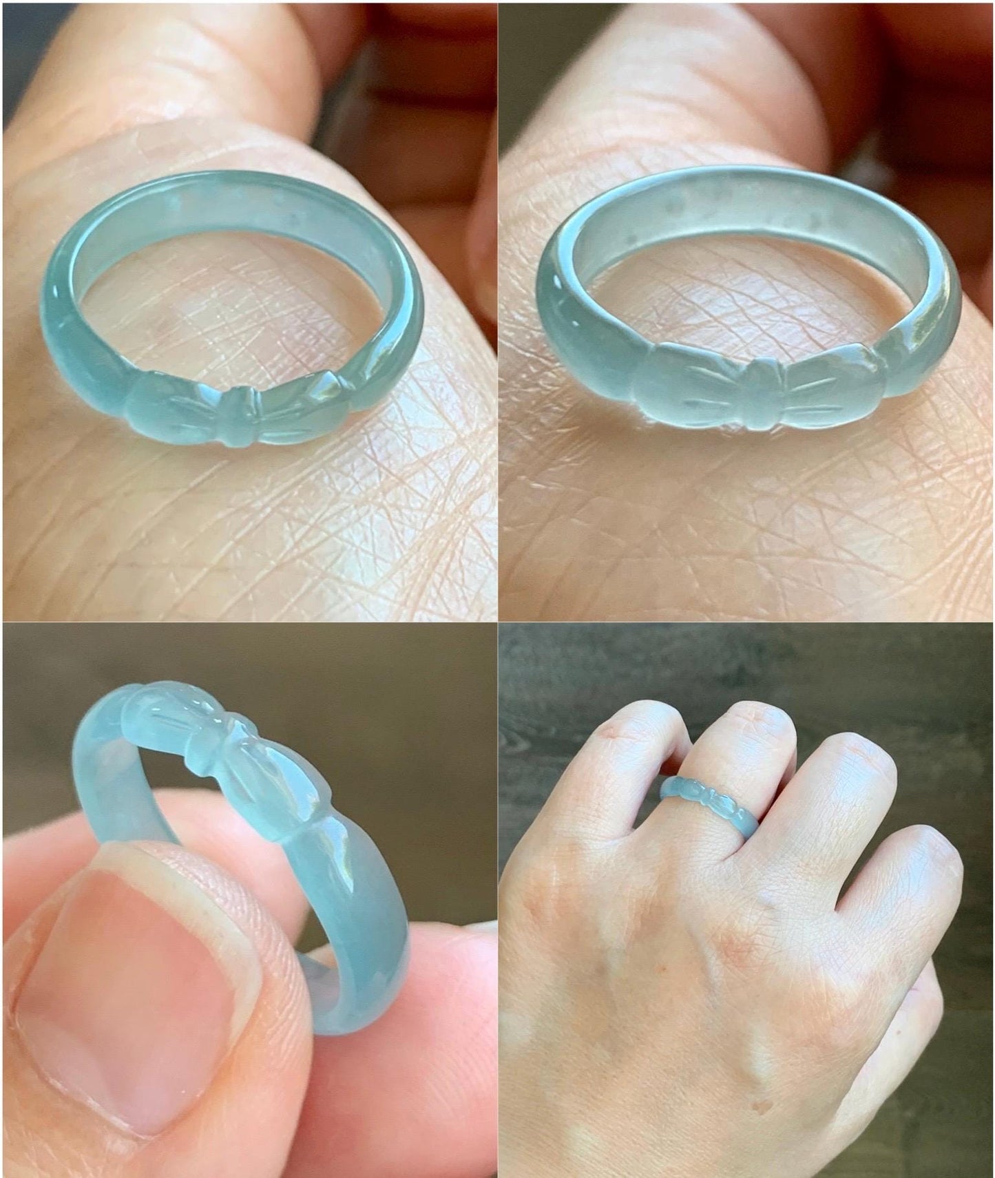 Natural Grade A Guatemalan Icy Highly Translucent Pastel Teal Jade Jadeite Carved Bow Band Ring Size 7.5 US 天然冰危起光浅蓝翡翠蝴蝶结戒圈 WHD55B