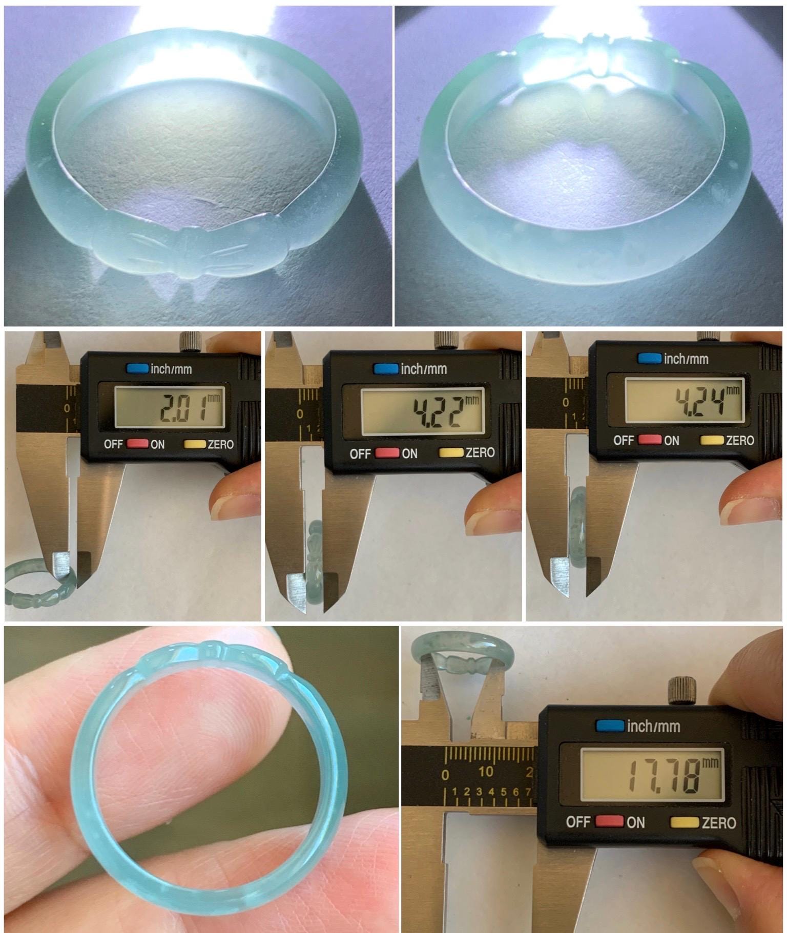 Natural Grade A Guatemalan Icy Highly Translucent Pastel Teal Jade Jadeite Carved Bow Band Ring Size 7.5 US 天然冰危起光浅蓝翡翠蝴蝶结戒圈 WHD55B