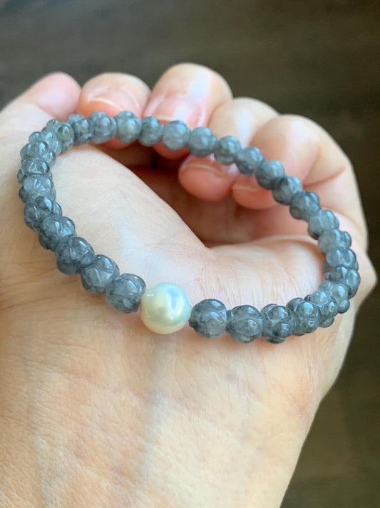 Natural Grade A Icy Highly Translucent Gelatinous Wuji Jadeite Lotus Flower Beads Freshwater Pearl Beaded Bracelet 7” 天然冰胶乌鸡翡翠莲花珠珍珠手串 BWZ228
