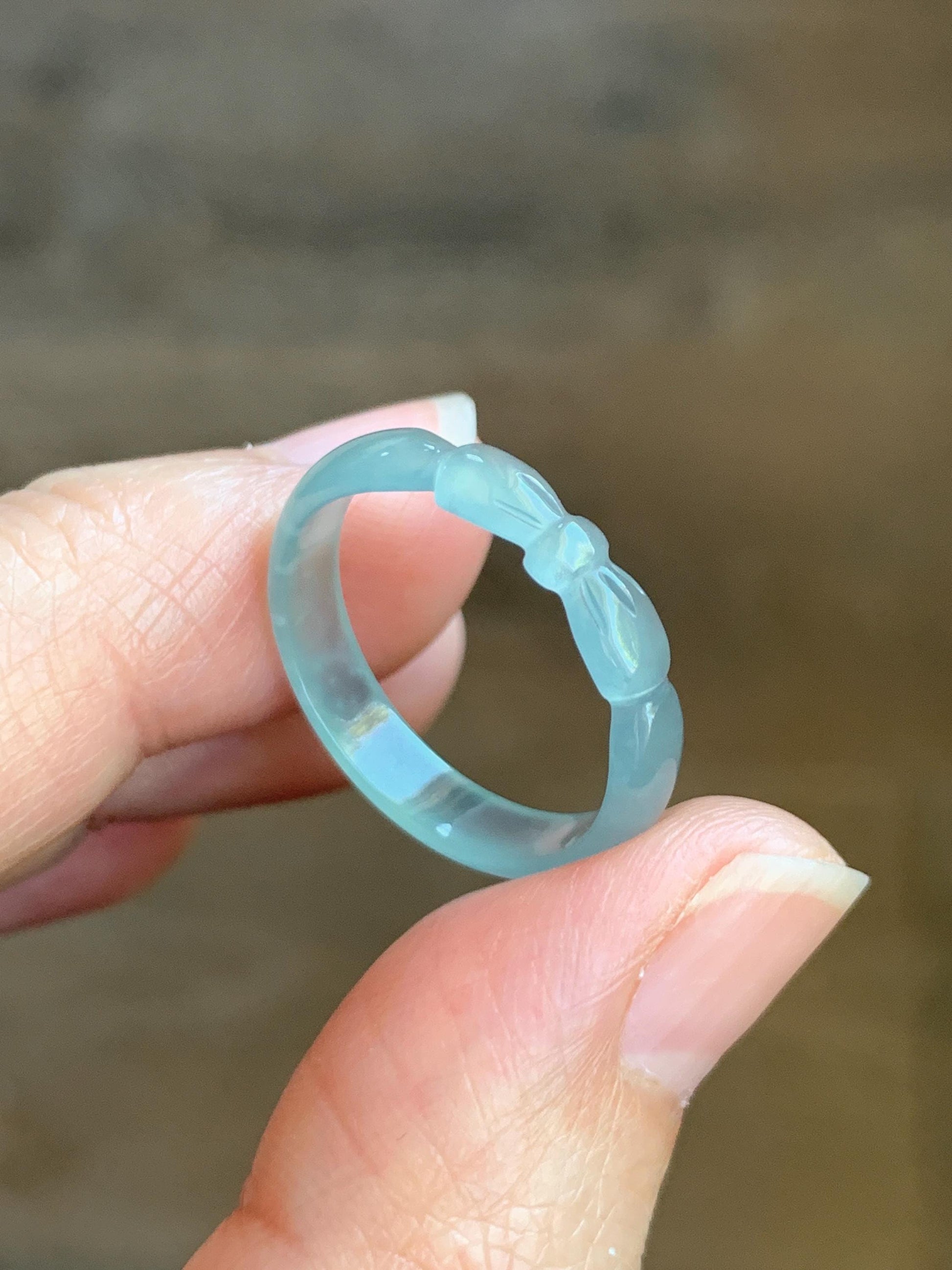 Natural Grade A Guatemalan Icy Highly Translucent Pastel Teal Jade Jadeite Carved Bow Band Ring Size 8.75 US 天然冰危起光浅蓝翡翠蝴蝶结戒圈 WHD55C