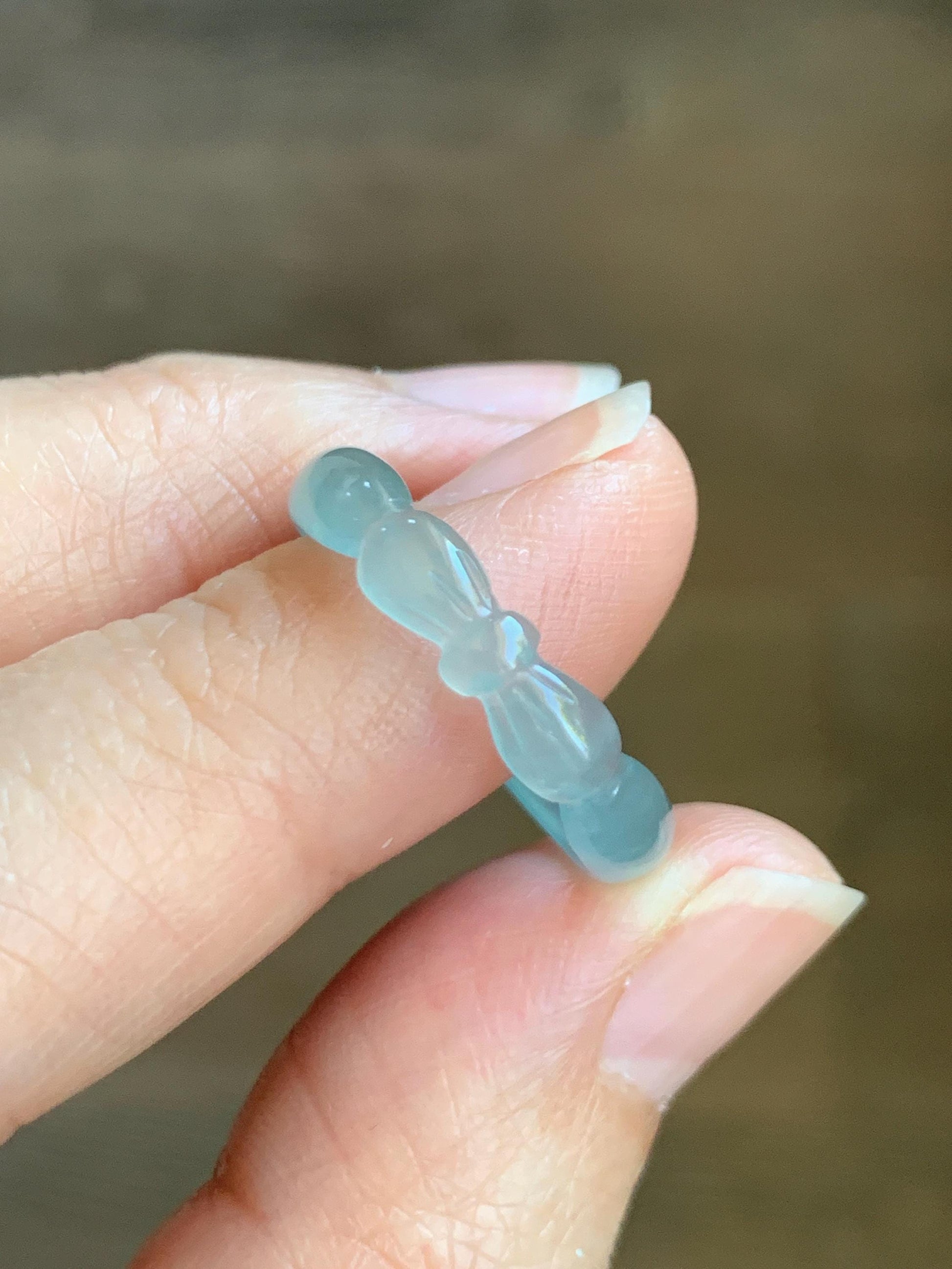 Natural Grade A Guatemalan Icy Highly Translucent Pastel Teal Jade Jadeite Carved Bow Band Ring Size 8.75 US 天然冰危起光浅蓝翡翠蝴蝶结戒圈 WHD55C