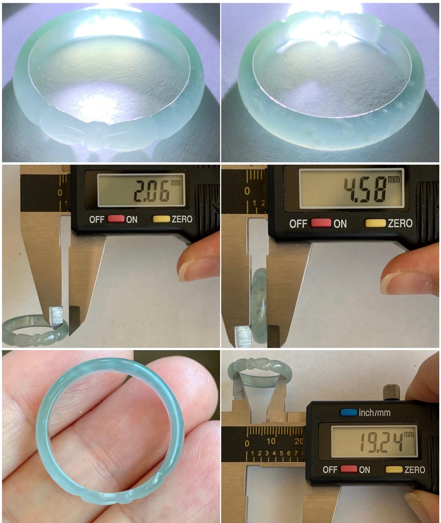 Natural Grade A Guatemalan Icy Highly Translucent Pastel Teal Jade Jadeite Carved Bow Band Ring Size 9.25 US 天然冰危起光浅蓝翡翠蝴蝶结戒圈 WHD55D