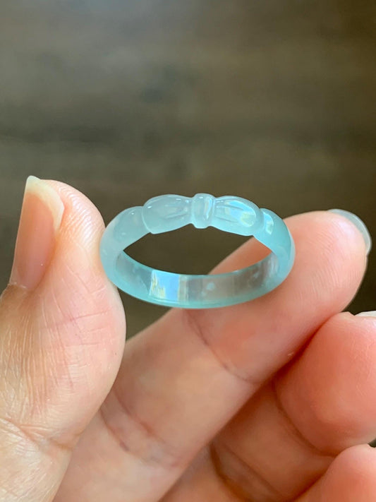 Natural Grade A Guatemalan Icy Highly Translucent Pastel Teal Jade Jadeite Carved Bow Band Ring Size 9.25 US 天然冰危起光浅蓝翡翠蝴蝶结戒圈 WHD55D