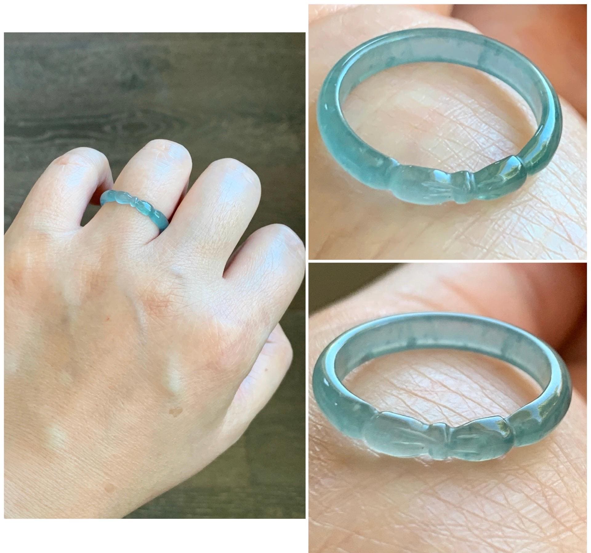 Natural Grade A Guatemalan Icy Highly Translucent Teal Blue Jade Jadeite Carved Bow Band Ring Size 7.75 US 天然冰危起光蓝绿翡翠蝴蝶结戒圈 WHD55E