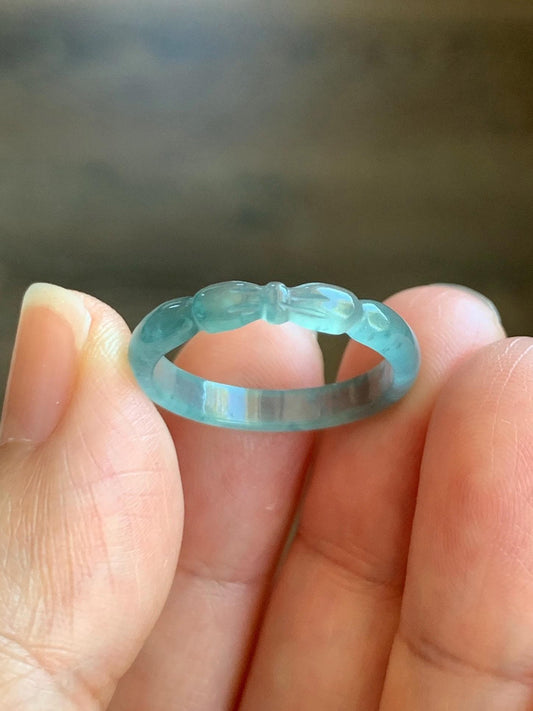 Natural Grade A Guatemalan Icy Highly Translucent Teal Blue Jade Jadeite Carved Bow Band Ring Size 7.75 US 天然冰危起光蓝绿翡翠蝴蝶结戒圈 WHD55E