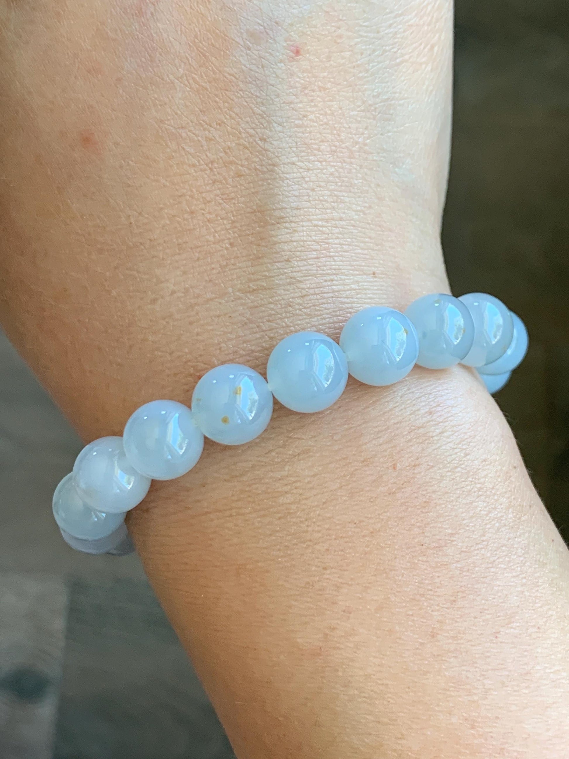 Certified Natural Grade A Icy Translucent Gelatinous Pastel Blue Golden Marbled Jadeite Beaded Bracelet 9.8mm 7” 天然老种冰胶淡蓝底撒金翡翠大卡圆珠手串 9408