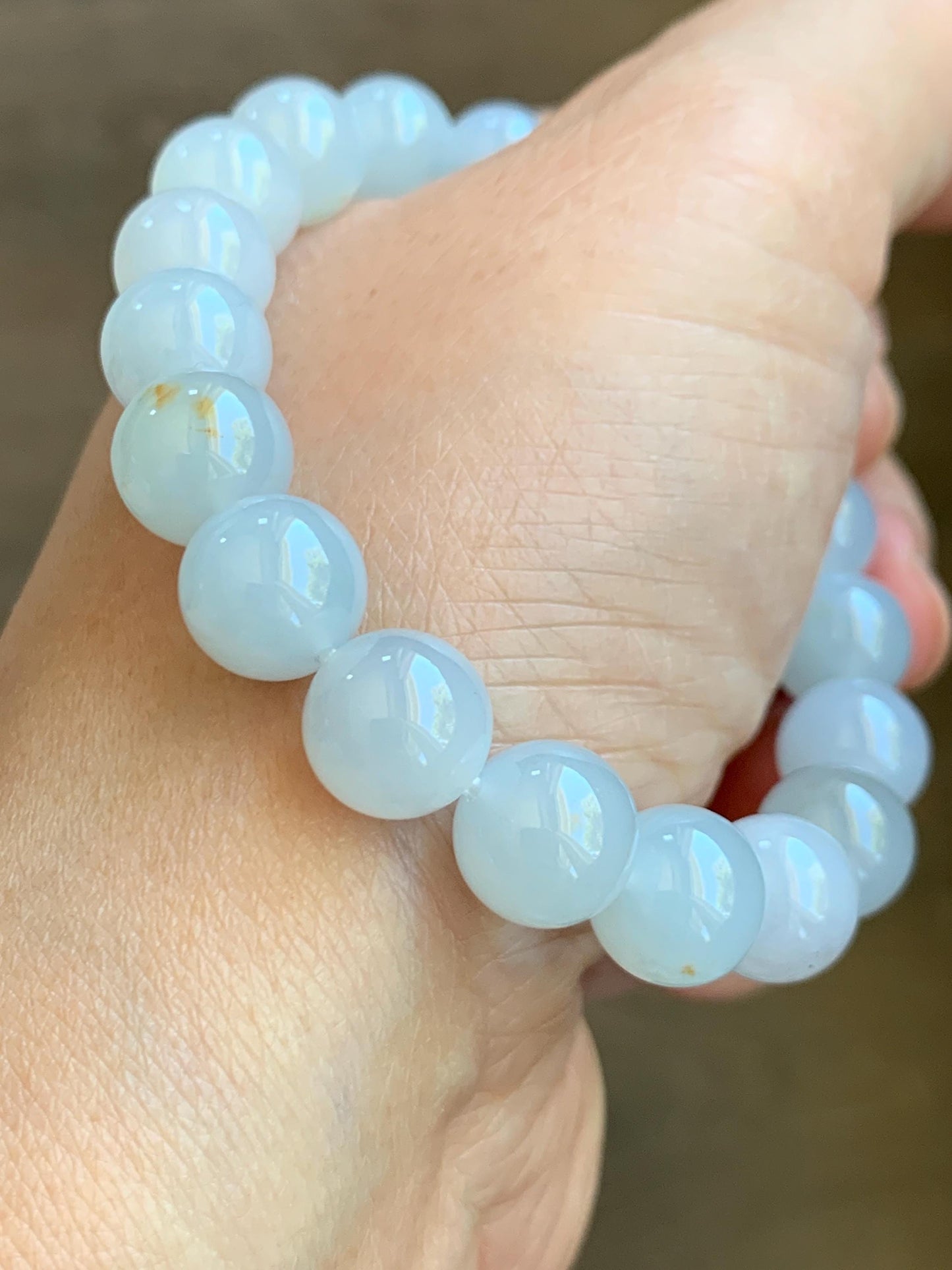 Certified Natural Grade A Icy Translucent Gelatinous Pastel Blue Golden Marbled Jadeite Beaded Bracelet 9.8mm 7” 天然老种冰胶淡蓝底撒金翡翠大卡圆珠手串 9408