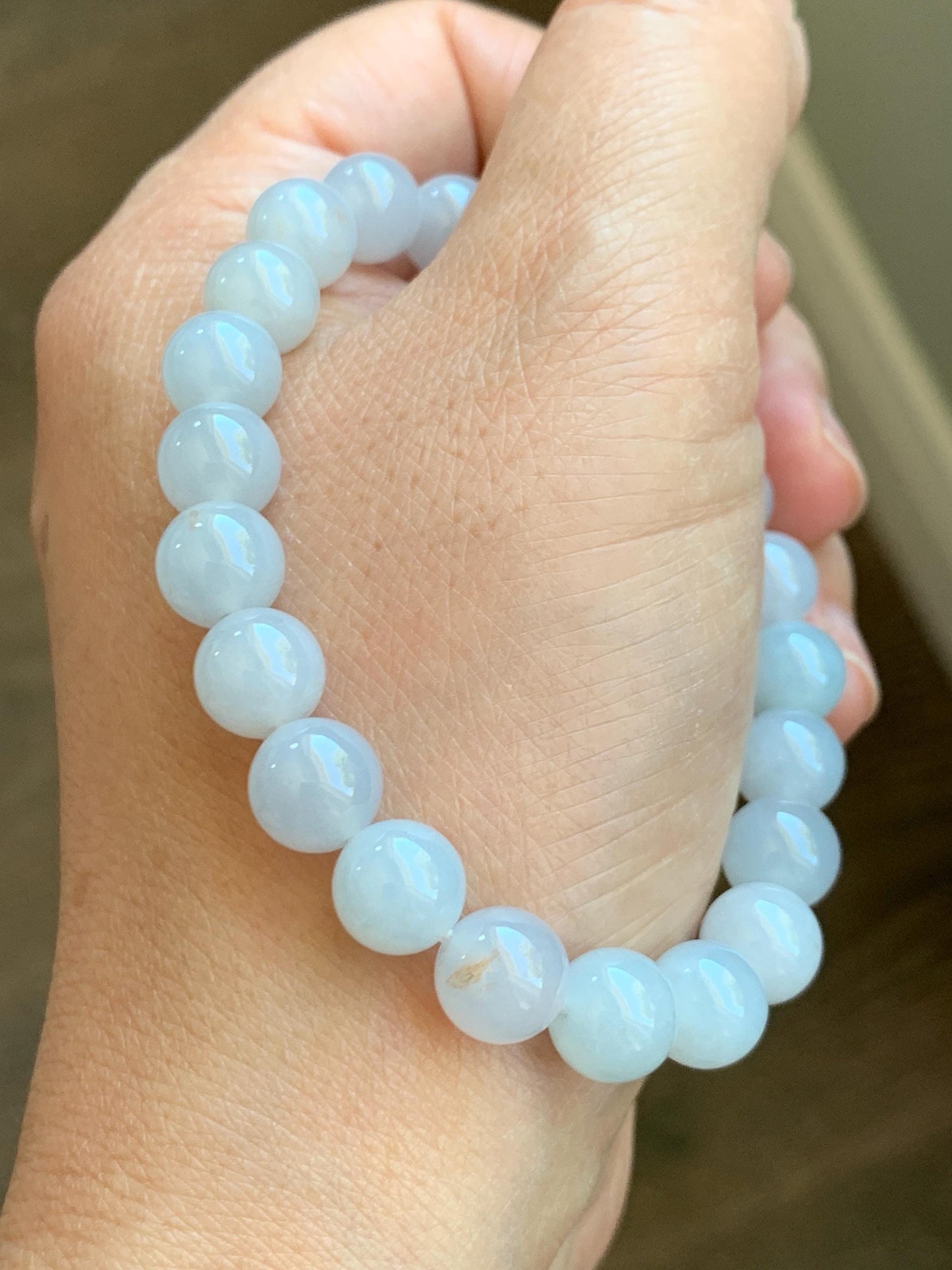 Certified Natural Grade A Icy Translucent Gelatinous Pastel Blue Golden Marbled Jadeite Beaded Bracelet 8.7mm 7.25” 天然老种冰胶淡蓝底撒金翡翠圆珠手串 9409