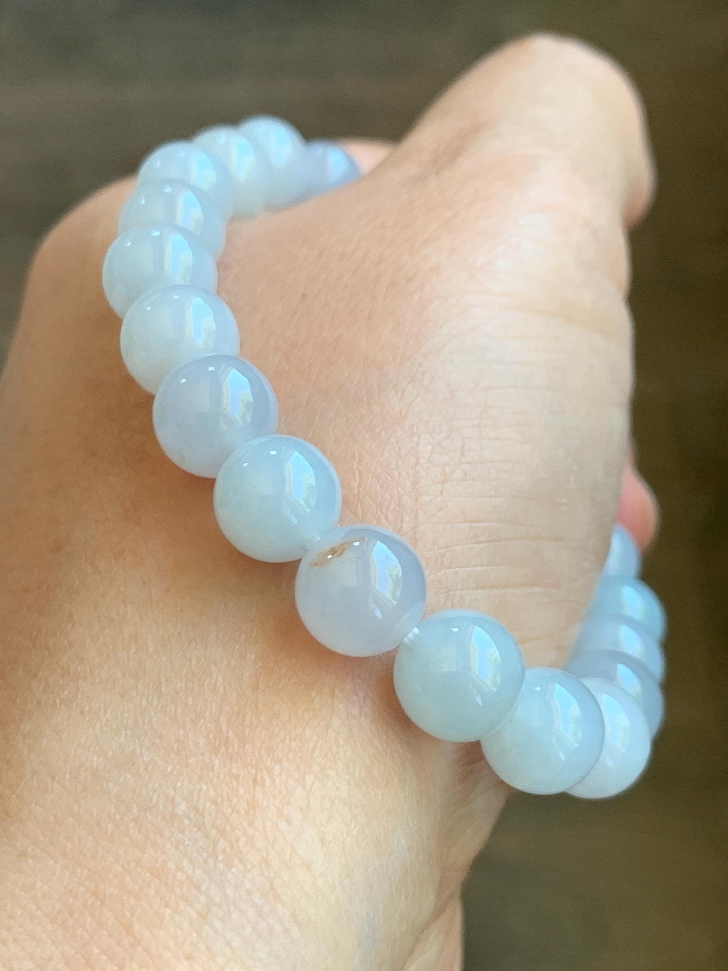 Certified Natural Grade A Icy Translucent Gelatinous Pastel Blue Golden Marbled Jadeite Beaded Bracelet 8.7mm 7.25” 天然老种冰胶淡蓝底撒金翡翠圆珠手串 9409