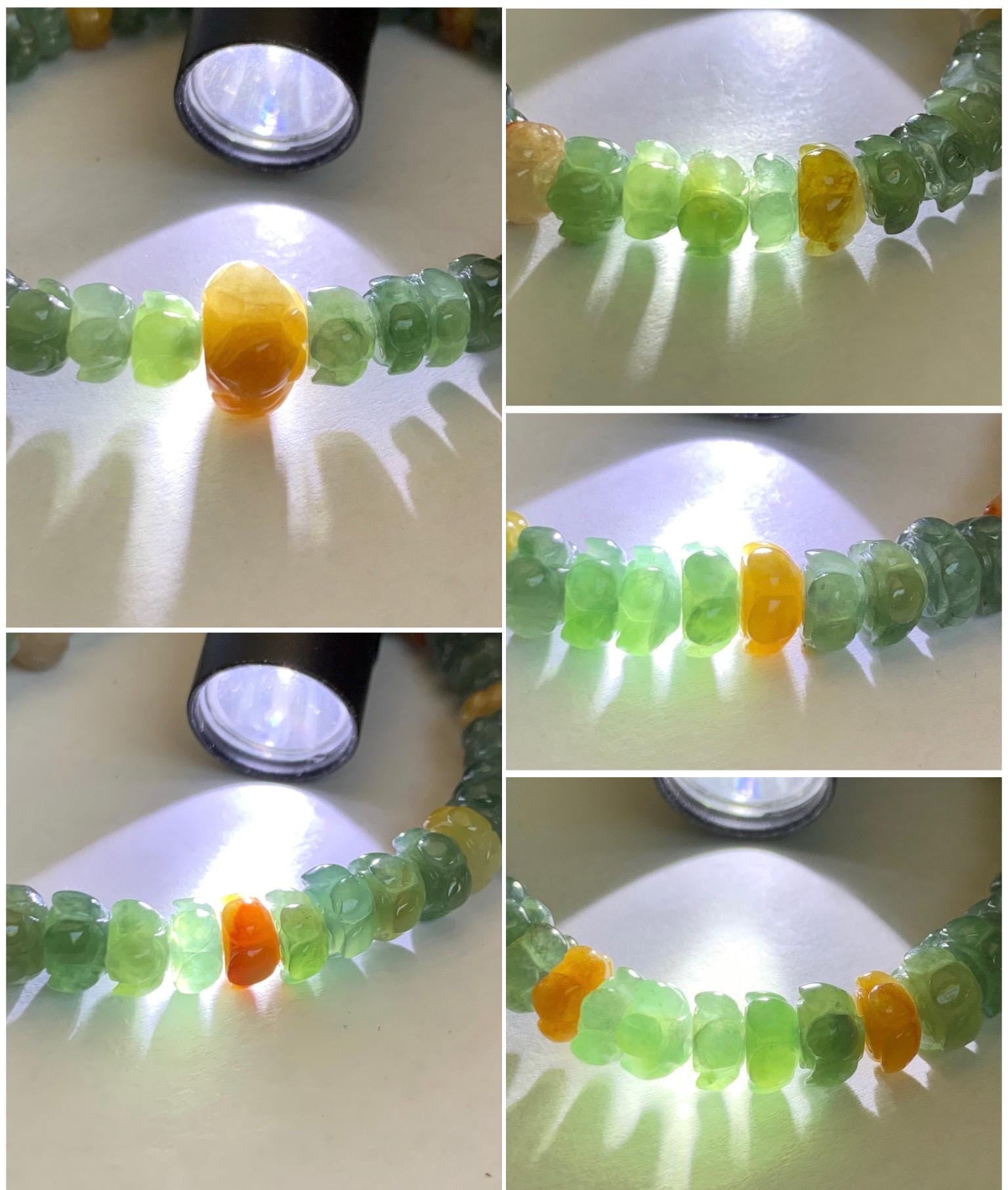 Natural Grade A Icy Translucent Spinach Green Yellow Jade Jadeite Carved Lotus Flower beads Beaded Bracelet 6.75” 天然冰胶菠菜绿翡翠黄翡莲花珠手串 MLL374