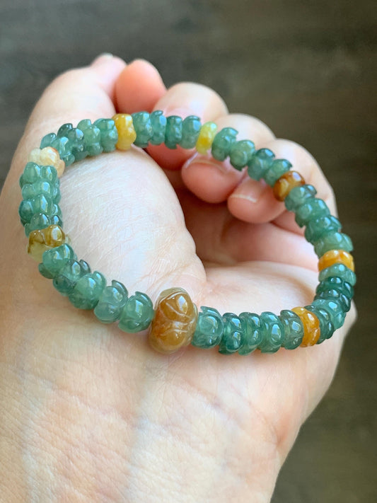 Natural Grade A Icy Translucent Spinach Green Yellow Jade Jadeite Carved Lotus Flower beads Beaded Bracelet 6.75” 天然冰胶菠菜绿翡翠黄翡莲花珠手串 MLL374