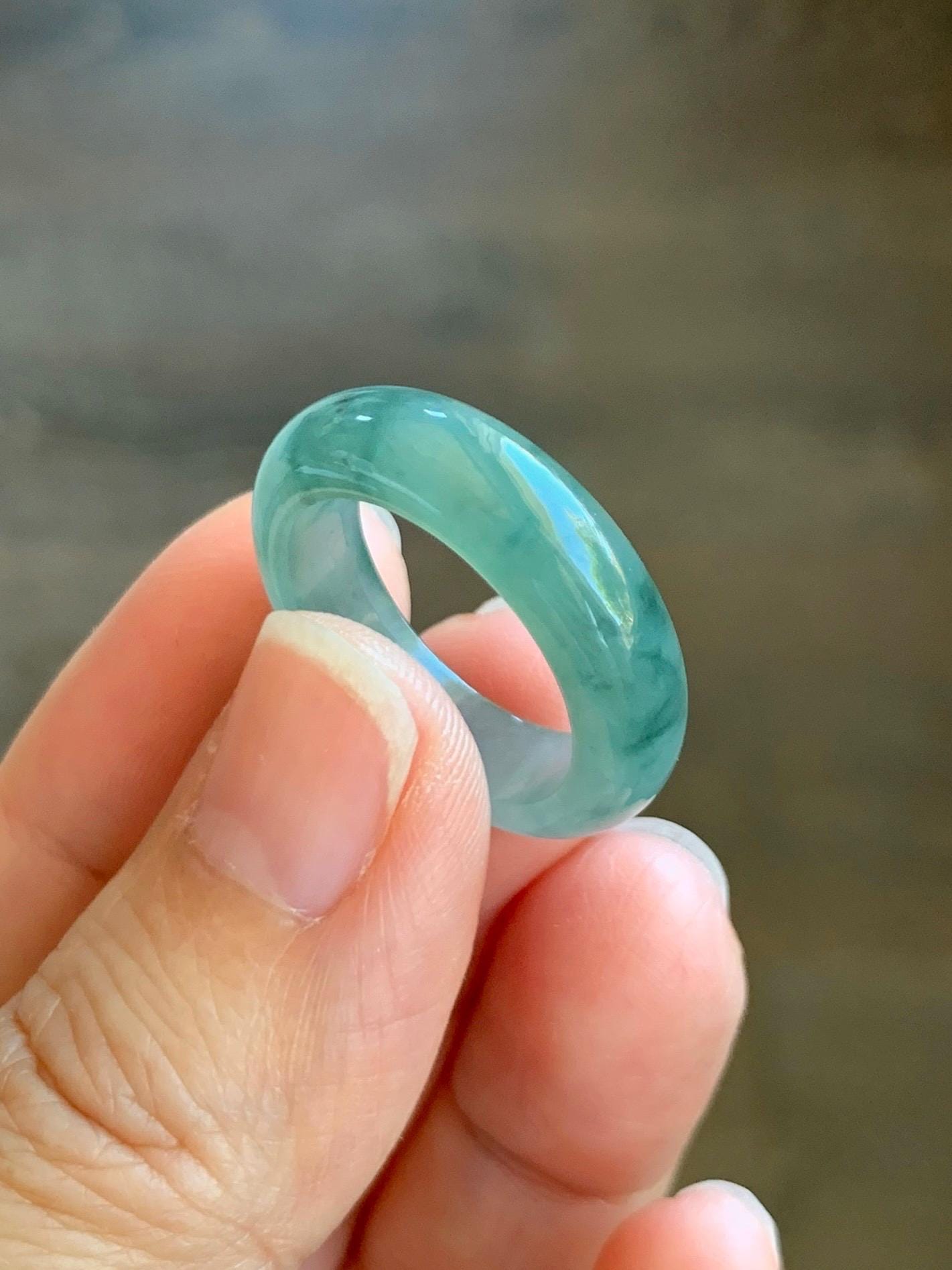 Certified Natural Grade A Icy Translucent Gelatinous Old Mine Green Marbled Jade Jadeite Band Ring Size 7.75 US 4.28g 天然冰胶浅绿飘花翡翠戒圈 8730