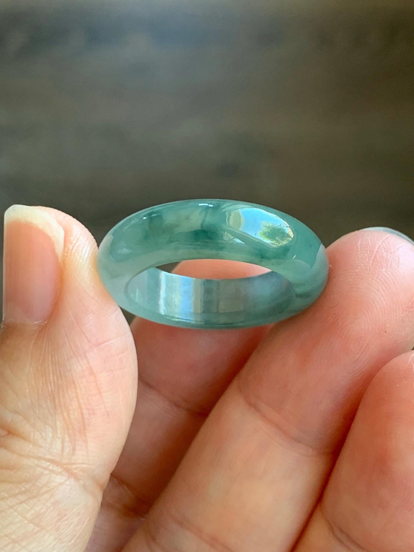 Certified Natural Grade A Icy Translucent Gelatinous Old Mine Green Marbled Jade Jadeite Band Ring Size 7.75 US 4.28g 天然冰胶浅绿飘花翡翠戒圈 8730