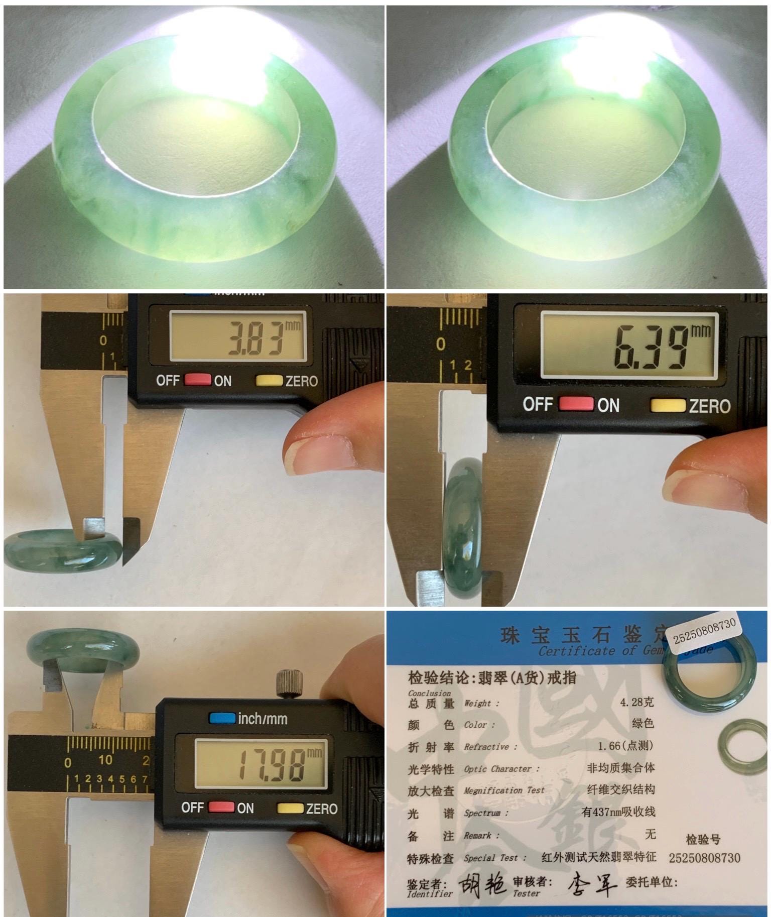 Certified Natural Grade A Icy Translucent Gelatinous Old Mine Green Marbled Jade Jadeite Band Ring Size 7.75 US 4.28g 天然冰胶浅绿飘花翡翠戒圈 8730