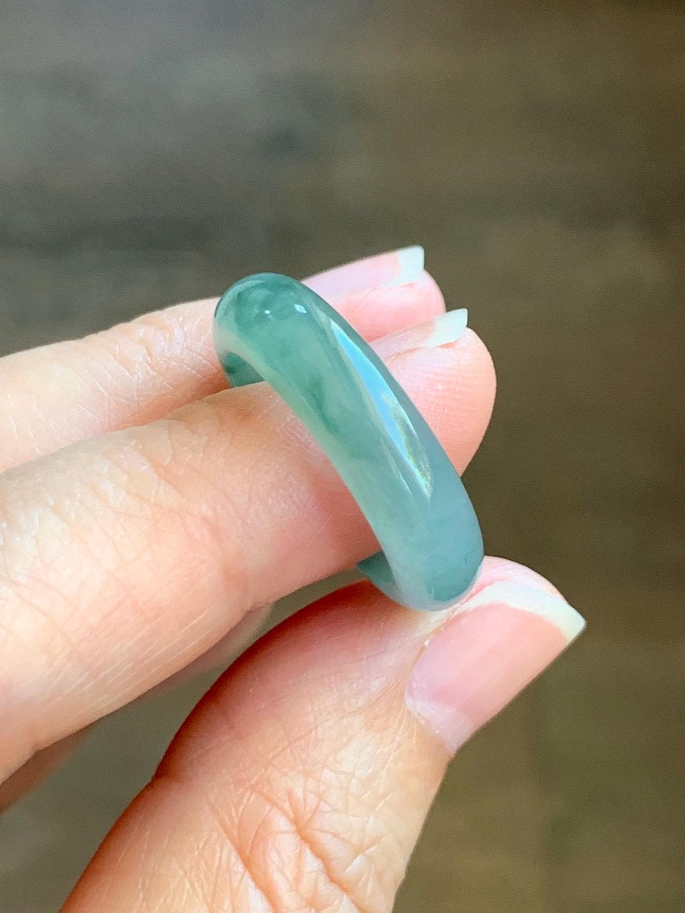 Certified Natural Grade A Icy Translucent Gelatinous Old Mine Green Marbled Jade Jadeite Band Ring Size 7.75 US 4.28g 天然冰胶浅绿飘花翡翠戒圈 8730