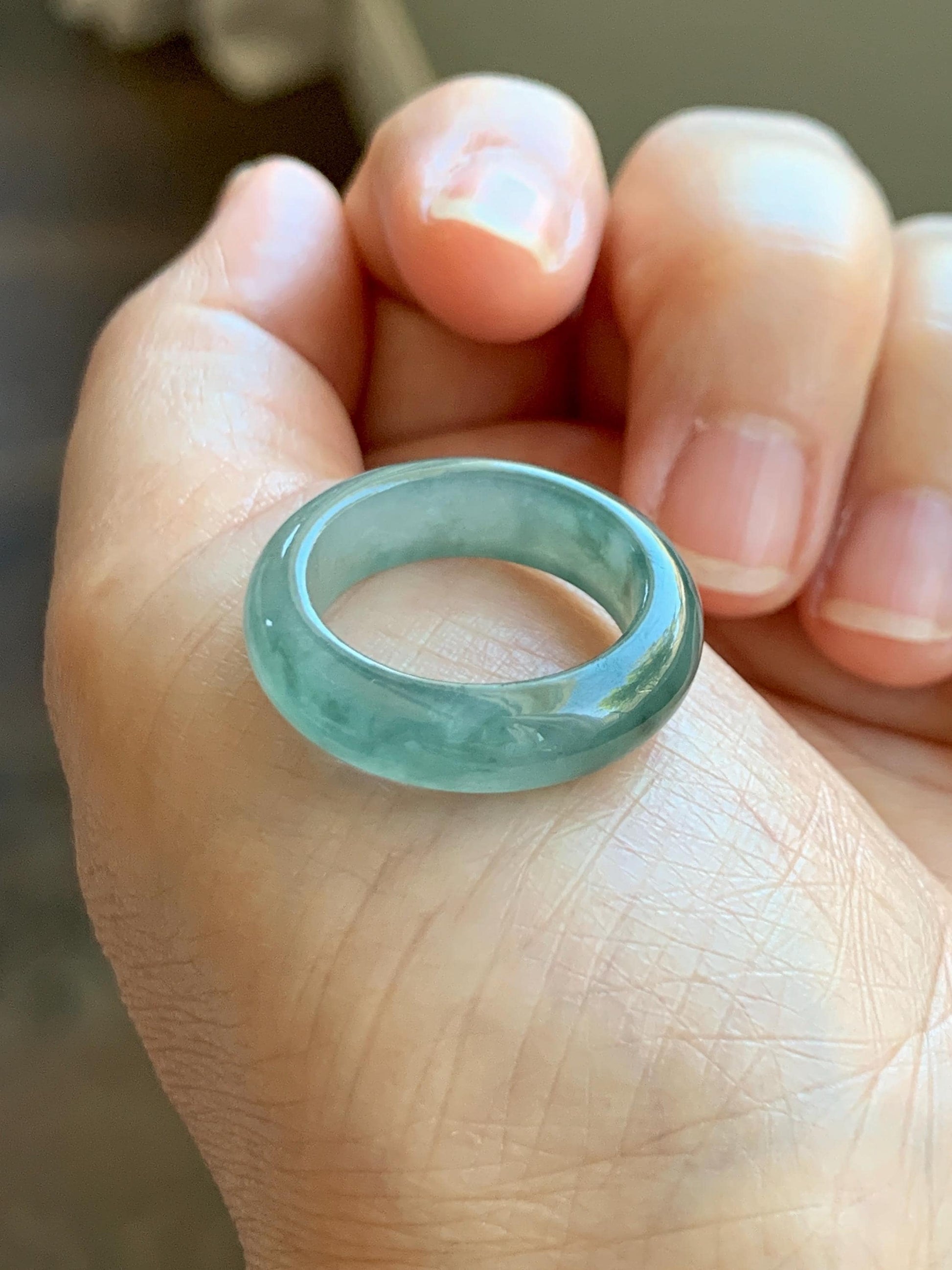 Certified Natural Grade A Icy Translucent Gelatinous Old Mine Green Marbled Jade Jadeite Band Ring Size 7.75 US 4.28g 天然冰胶浅绿飘花翡翠戒圈 8730