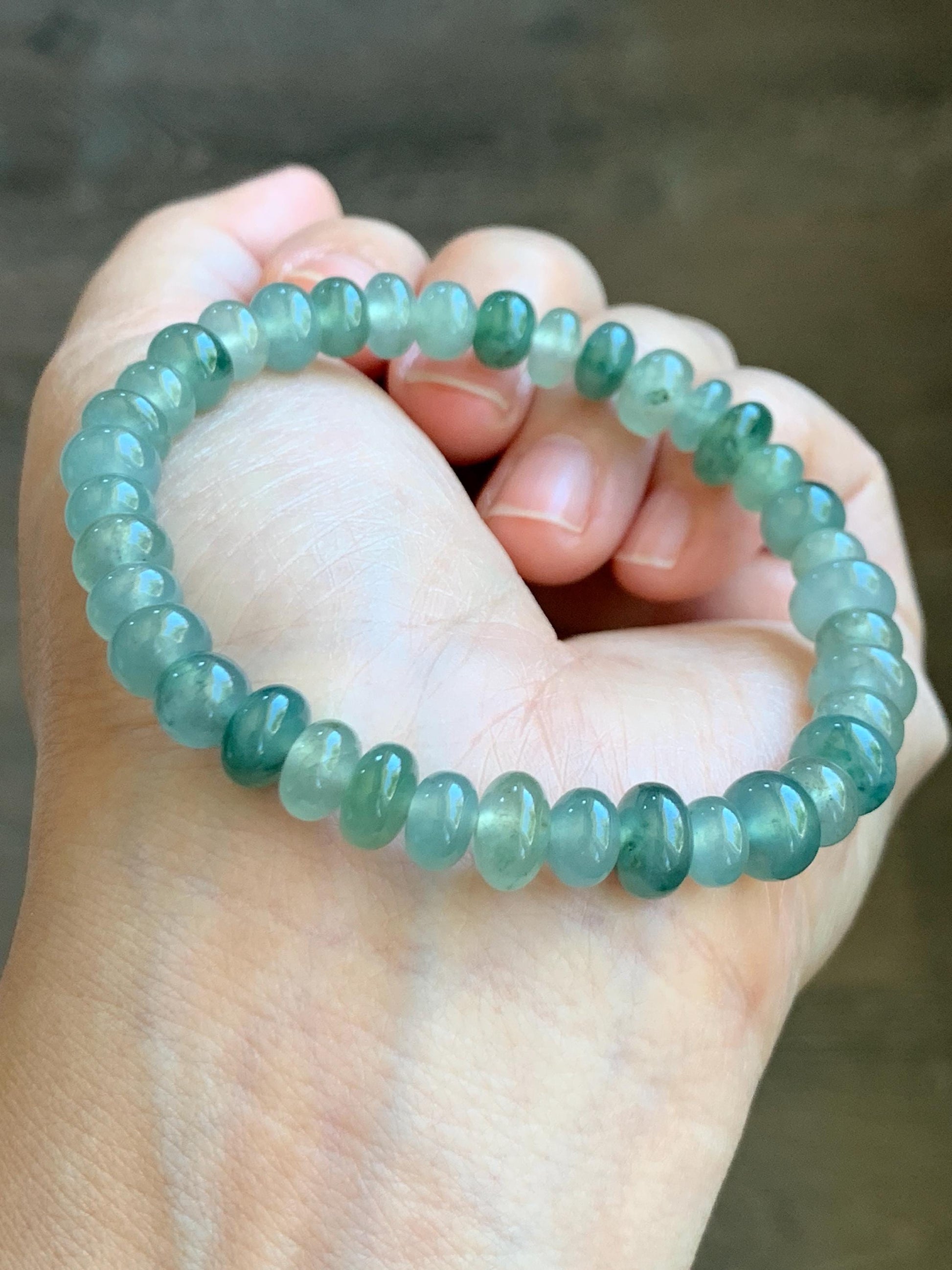 Natural Grade A Icy Highly Translucent Gelatinous Multicolored Light Green Jade Jadeite Drum Beads Beaded Bracelet 7" 天然冰透浅多宝翡翠鼓珠手串 DBL538B