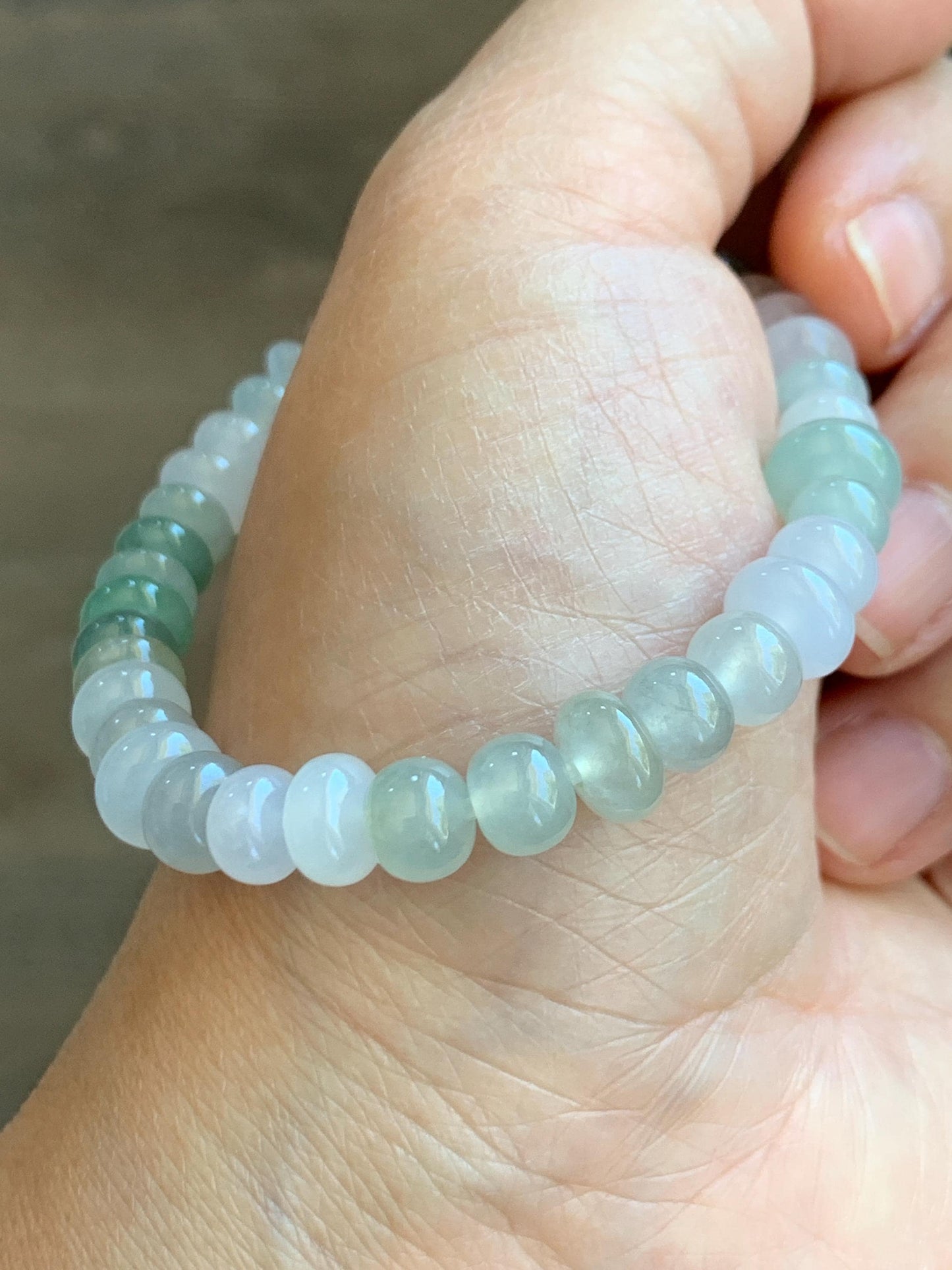 Natural Grade A Icy Highly Translucent Gelatinous Multicolored Jade Jadeite Drum Beads Beaded Bracelet 6.75” 18g 天然冰透浅多宝翡翠鼓珠手串 DBB538A