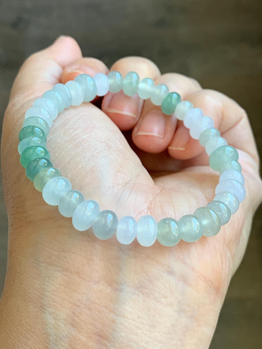 Natural Grade A Icy Highly Translucent Gelatinous Multicolored Jade Jadeite Drum Beads Beaded Bracelet 6.75” 18g 天然冰透浅多宝翡翠鼓珠手串 DBB538A