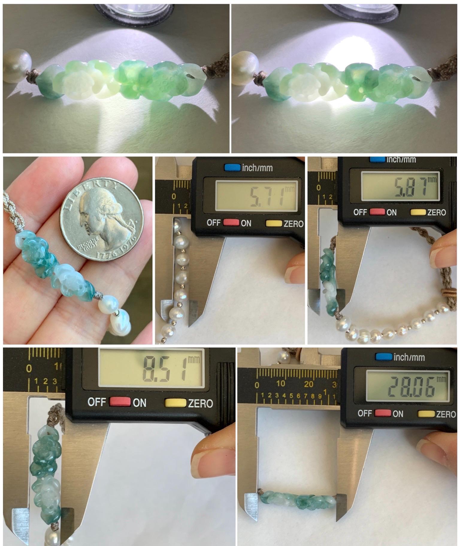 Natural Grade A Icy Translucent White Green Marbled Jadeite Double Lotus Flower Freshwater Pearls Rope Bracelet 7" 天然白冰飘绿花翡翠双莲花珍珠手绳 SLH130B