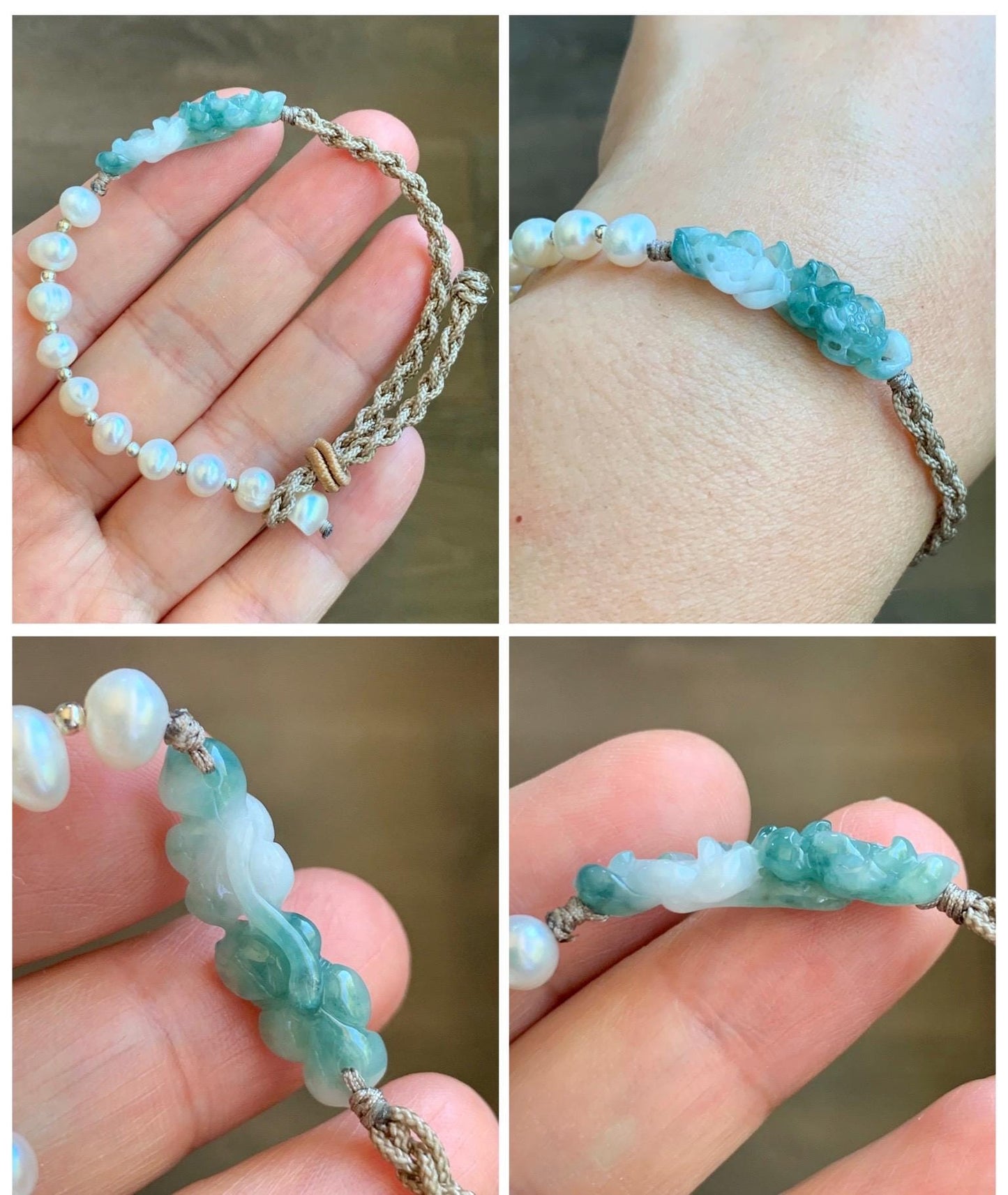 Natural Grade A Icy Translucent White Green Marbled Jadeite Double Lotus Flower Freshwater Pearls Rope Bracelet 7" 天然白冰飘绿花翡翠双莲花珍珠手绳 SLH130B