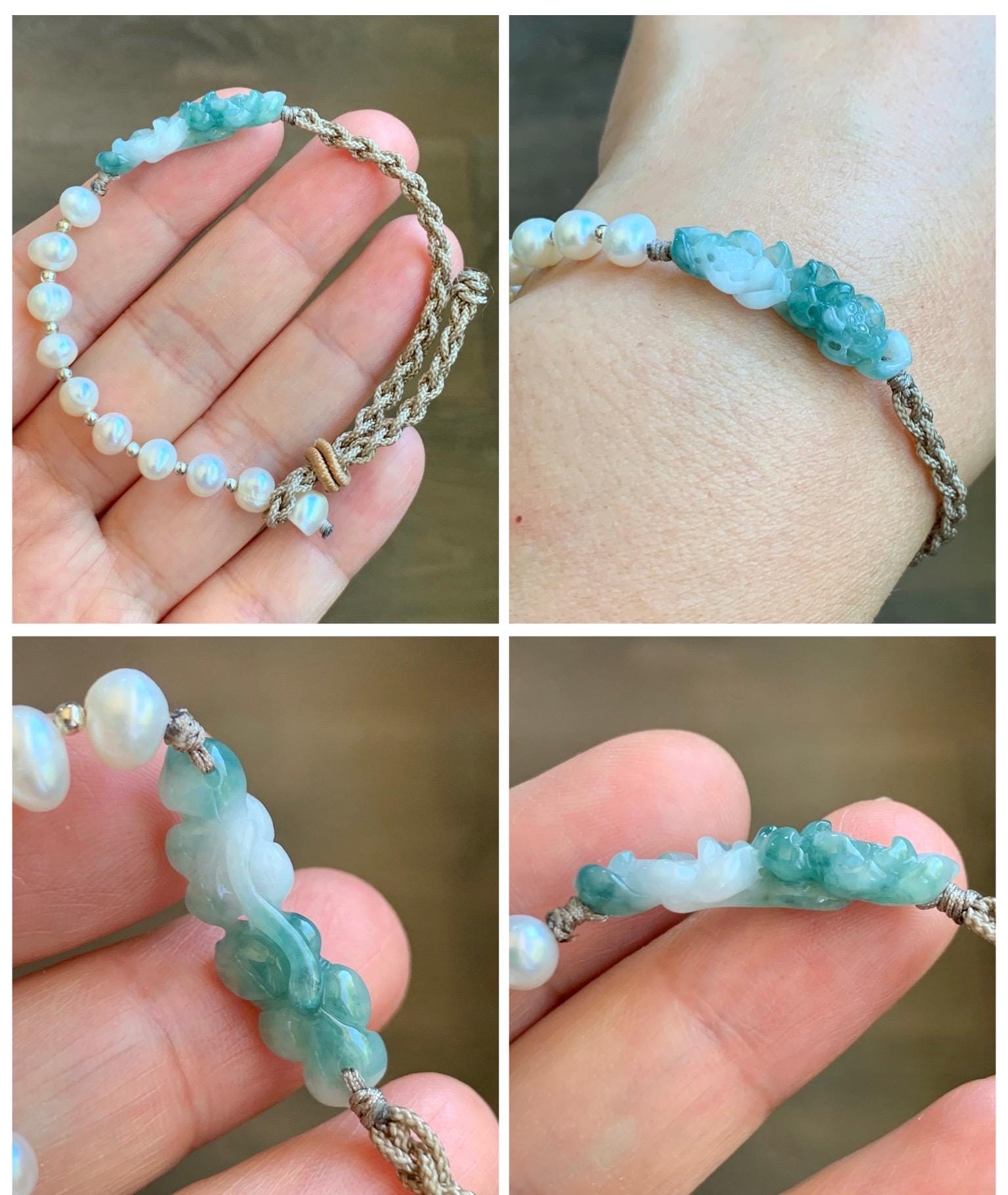 Natural Grade A Icy Translucent White Green Marbled Jadeite Double Lotus Flower Freshwater Pearls Rope Bracelet 7" 天然白冰飘绿花翡翠双莲花珍珠手绳 SLH130B