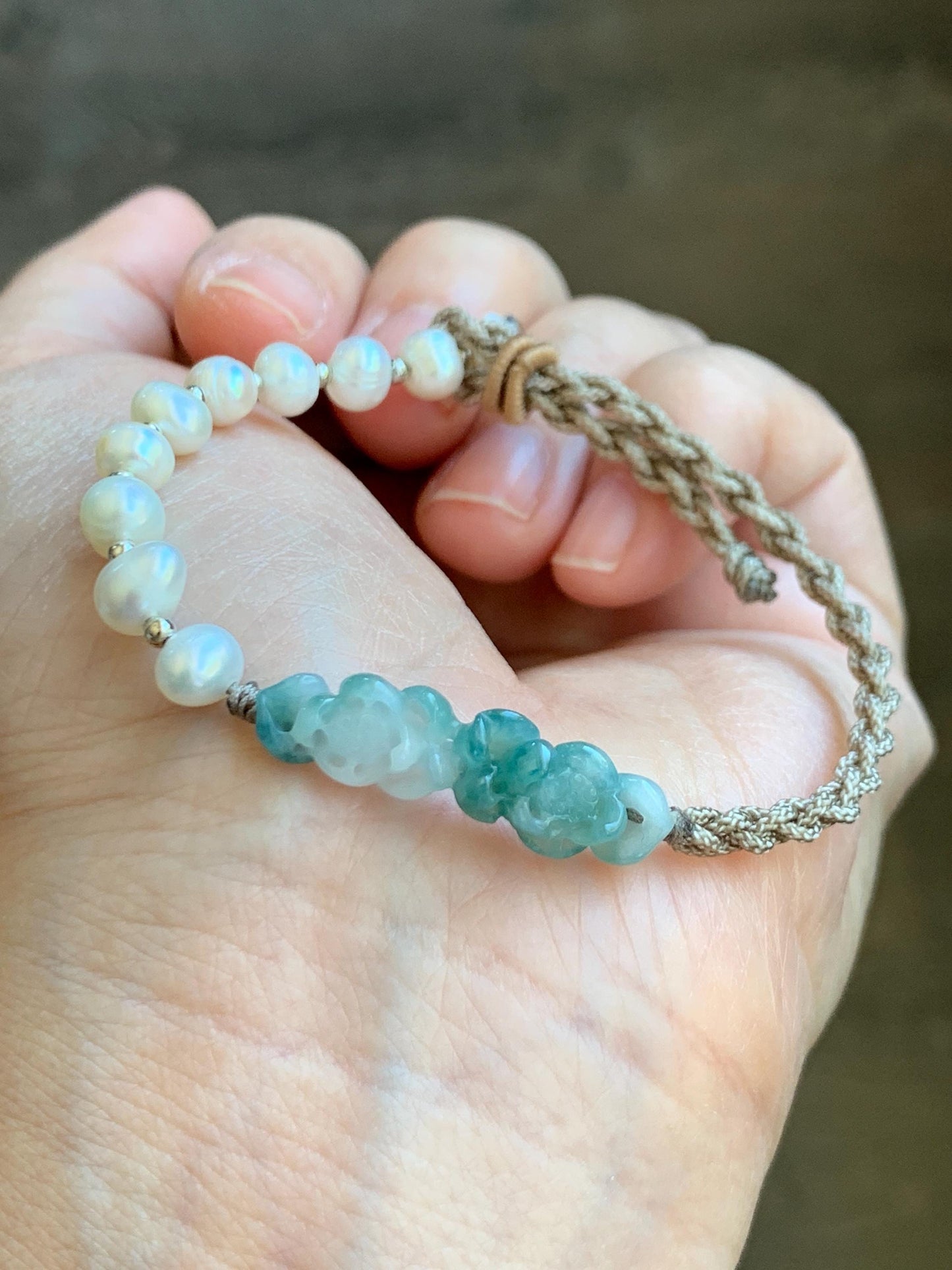 Natural Grade A Icy Translucent White Green Marbled Jadeite Double Lotus Flower Freshwater Pearls Rope Bracelet 7" 天然白冰飘绿花翡翠双莲花珍珠手绳 SLH130B