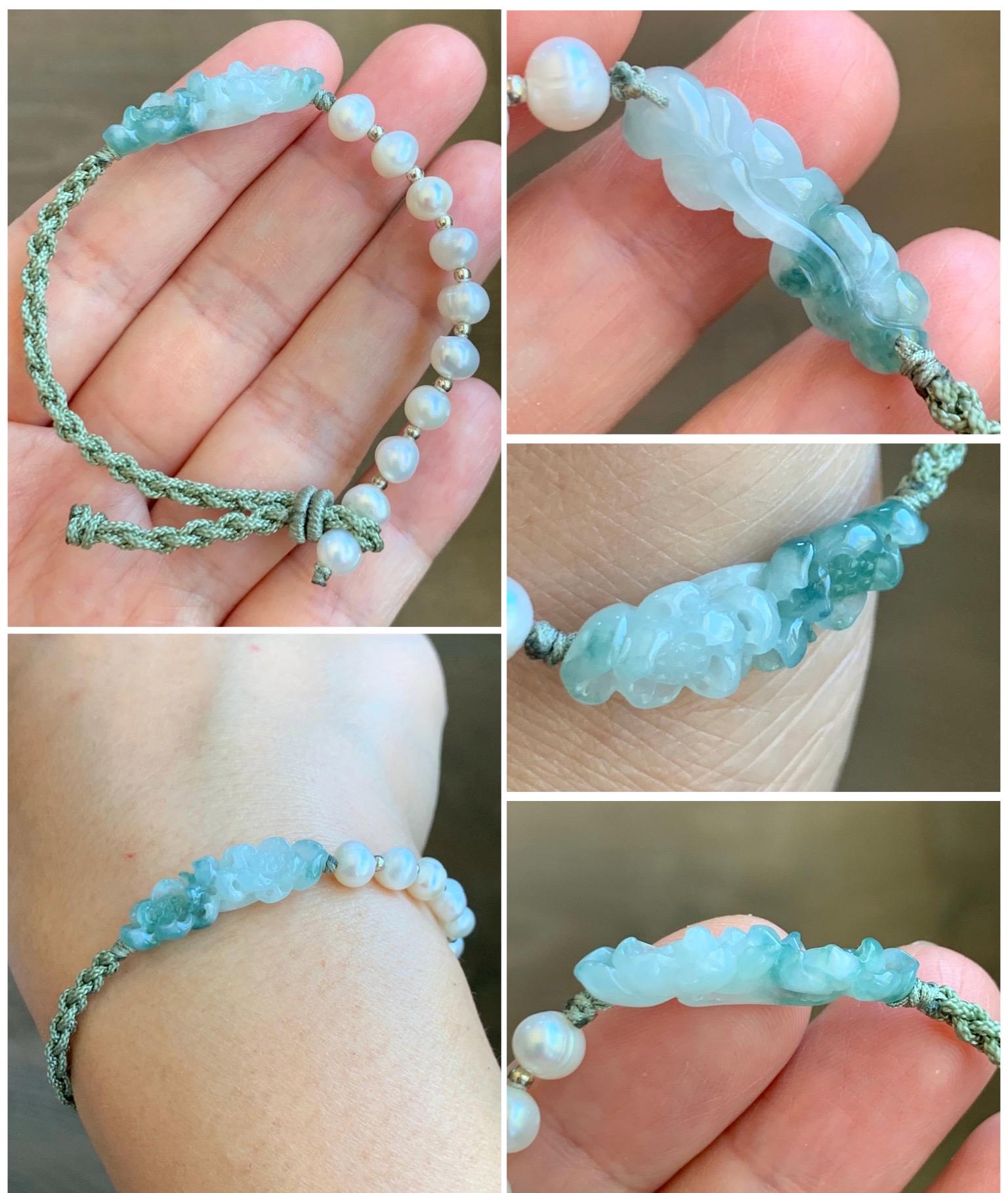 Natural Grade A Icy Translucent White Green Marbled Jadeite Double Lotus Flower Freshwater Pearls Rope Bracelet 7" 天然白冰飘绿花翡翠双莲花珍珠手绳 SLH130G