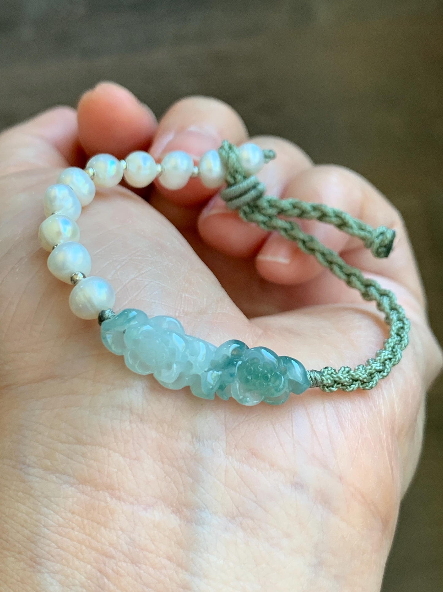 Natural Grade A Icy Translucent White Green Marbled Jadeite Double Lotus Flower Freshwater Pearls Rope Bracelet 7" 天然白冰飘绿花翡翠双莲花珍珠手绳 SLH130G