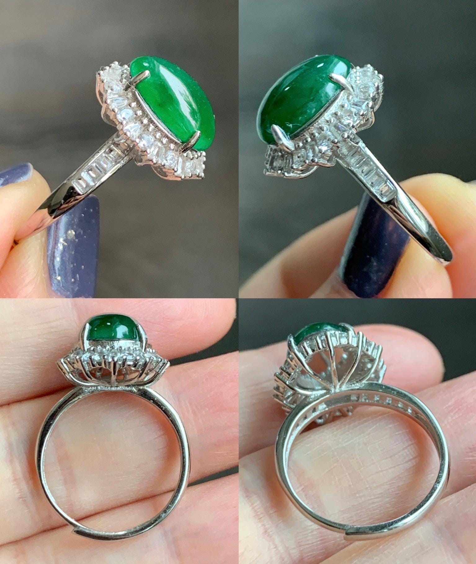 Certified Natural Grade A Guatemalan Icy Translucent Vibrant Green Oval Jade Jadeite Ring Sterling Silver Size Adjustable 天然冰危绿翡翠蛋面银镶戒指 9440