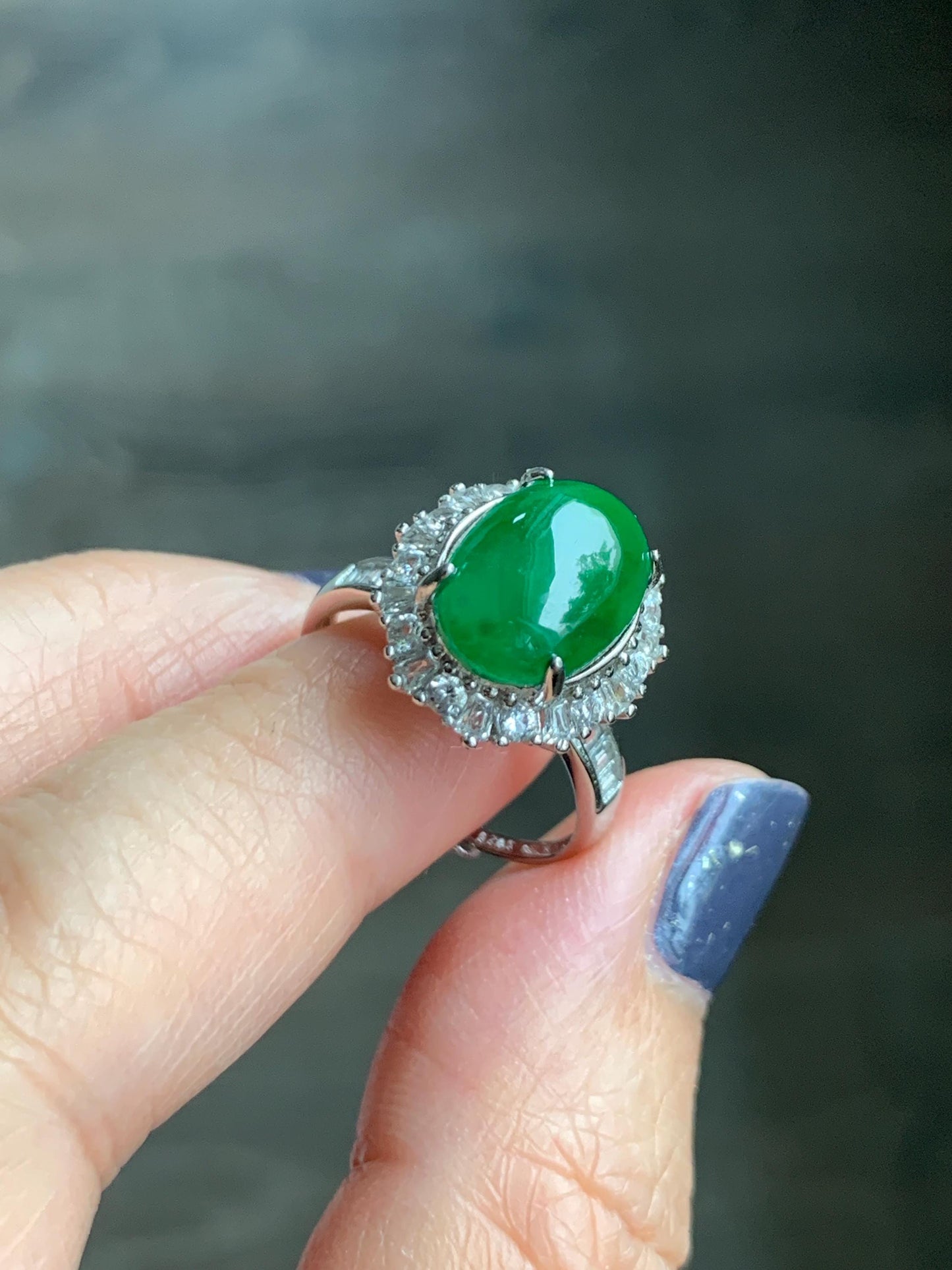 Certified Natural Grade A Guatemalan Icy Translucent Vibrant Green Oval Jade Jadeite Ring Sterling Silver Size Adjustable 天然冰危绿翡翠蛋面银镶戒指 9440