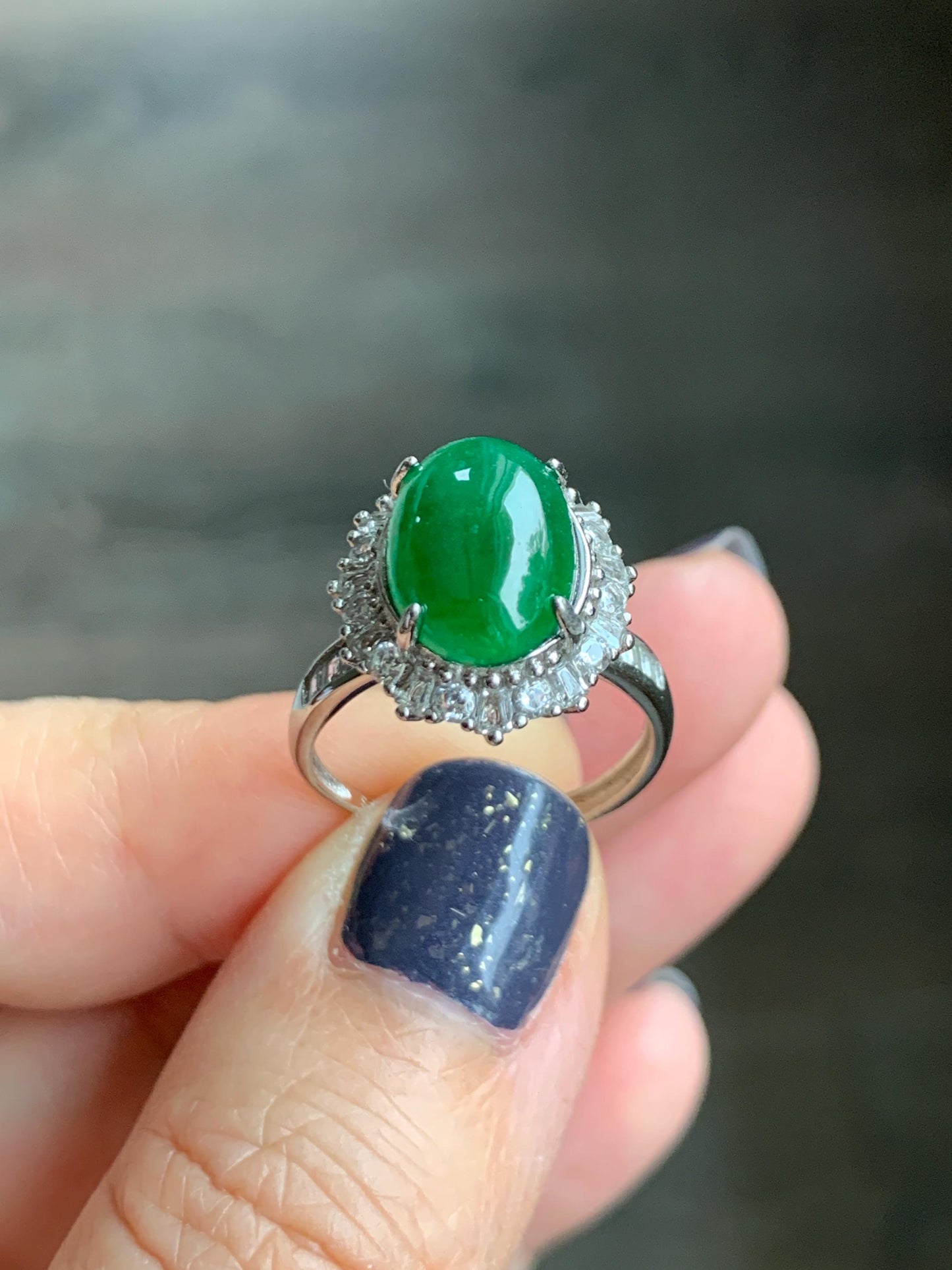 Certified Natural Grade A Guatemalan Icy Translucent Vibrant Green Oval Jade Jadeite Ring Sterling Silver Size Adjustable 天然冰危绿翡翠蛋面银镶戒指 9440