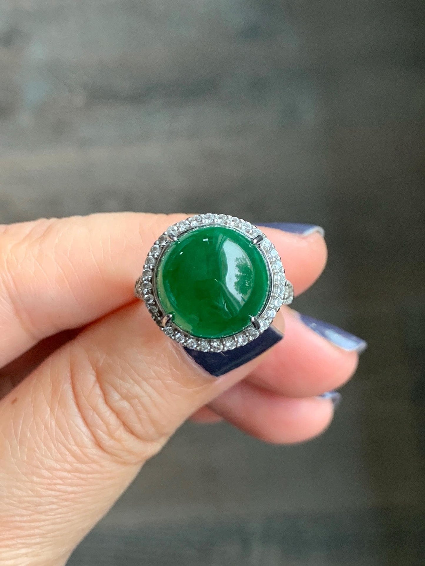 Certified Natural Grade A Guatemalan Icy Translucent Vibrant Green Round Jade Jadeite Ring Sterling Silver Size Adjustable 天然冰危绿翡翠蛋面戒指 9439