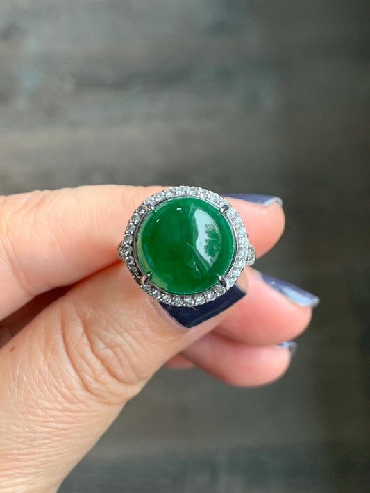 Certified Natural Grade A Guatemalan Icy Translucent Vibrant Green Round Jade Jadeite Ring Sterling Silver Size Adjustable 天然冰危绿翡翠蛋面戒指 9439