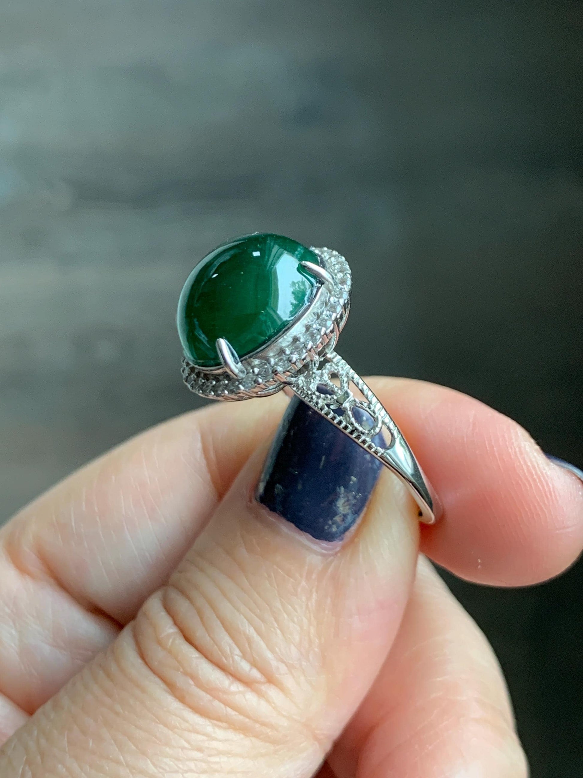 Certified Natural Grade A Guatemalan Icy Translucent Vibrant Green Round Jade Jadeite Ring Sterling Silver Size Adjustable 天然冰危绿翡翠蛋面戒指 9439