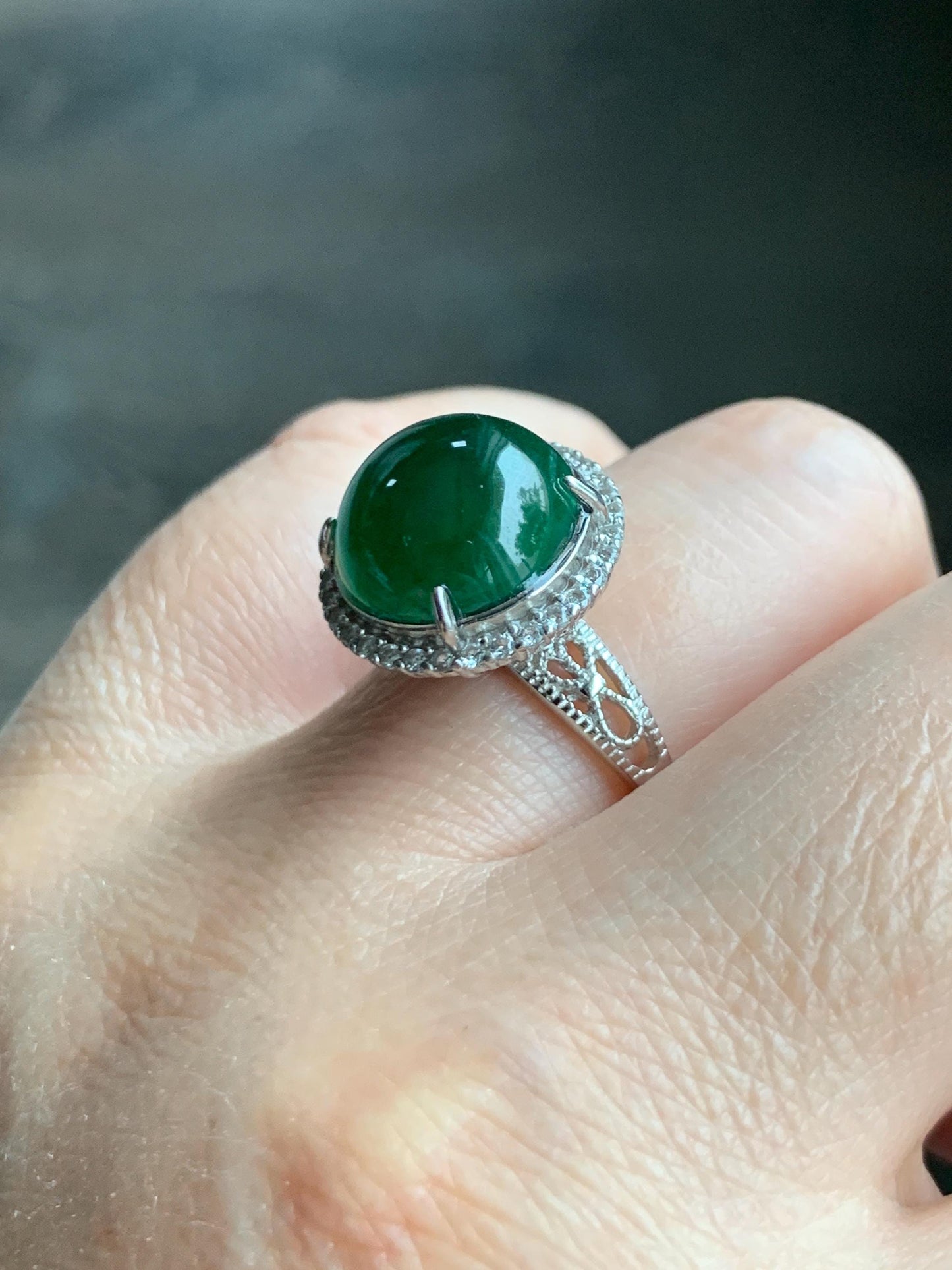 Certified Natural Grade A Guatemalan Icy Translucent Vibrant Green Round Jade Jadeite Ring Sterling Silver Size Adjustable 天然冰危绿翡翠蛋面戒指 9439
