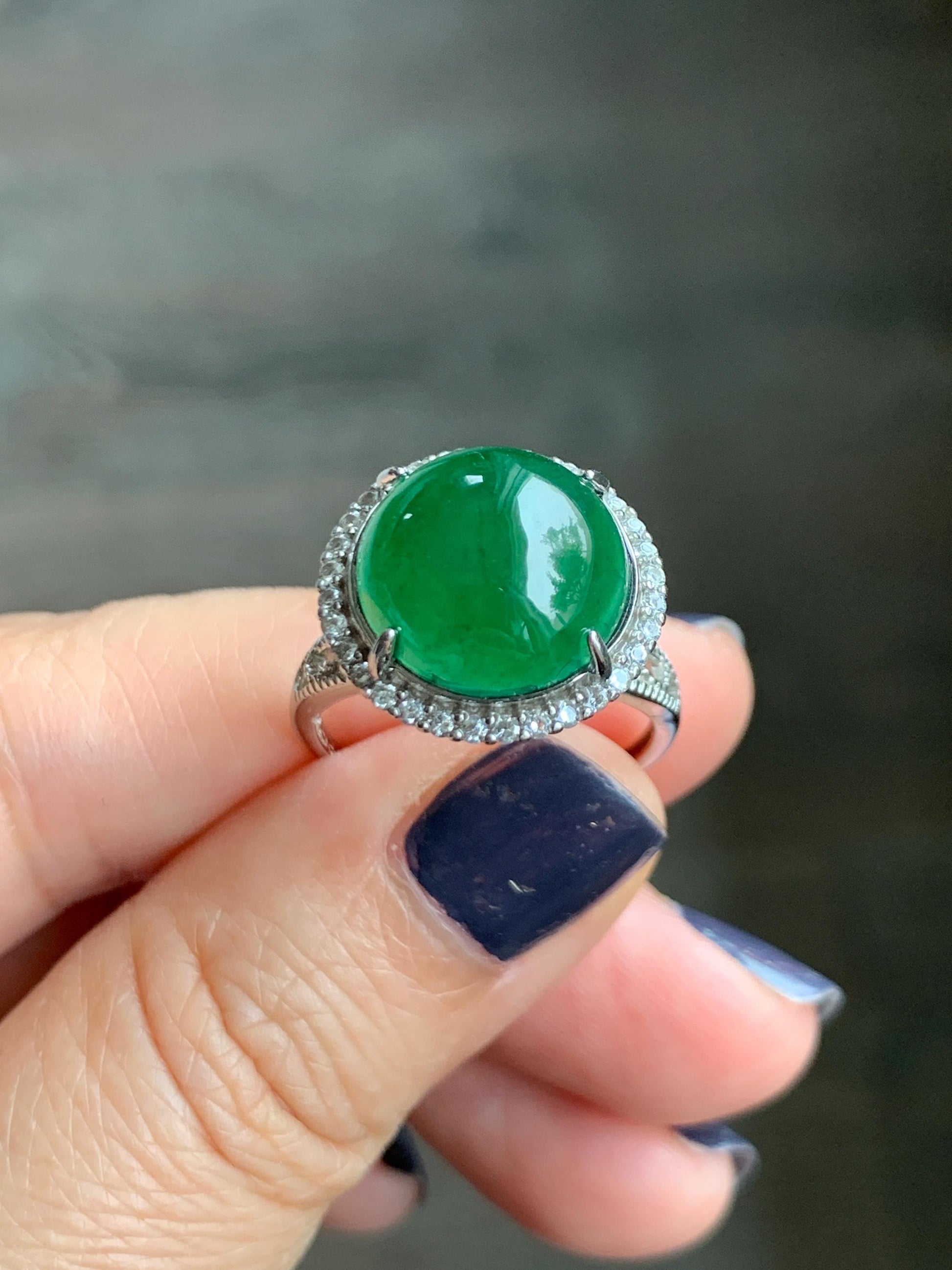 Certified Natural Grade A Guatemalan Icy Translucent Vibrant Green Round Jade Jadeite Ring Sterling Silver Size Adjustable 天然冰危绿翡翠蛋面戒指 9439