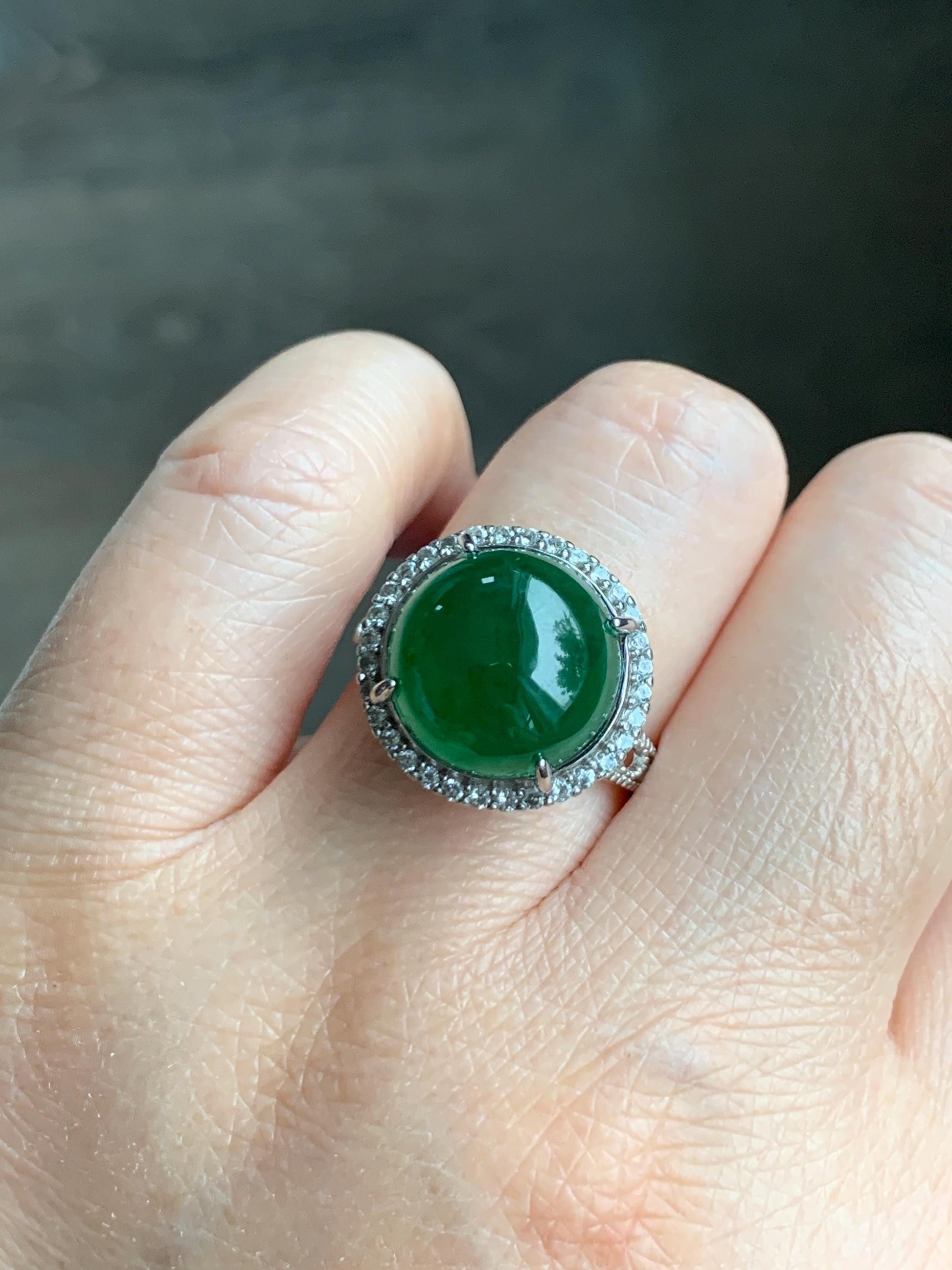 Certified Natural Grade A Guatemalan Icy Translucent Vibrant Green Round Jade Jadeite Ring Sterling Silver Size Adjustable 天然冰危绿翡翠蛋面戒指 9439