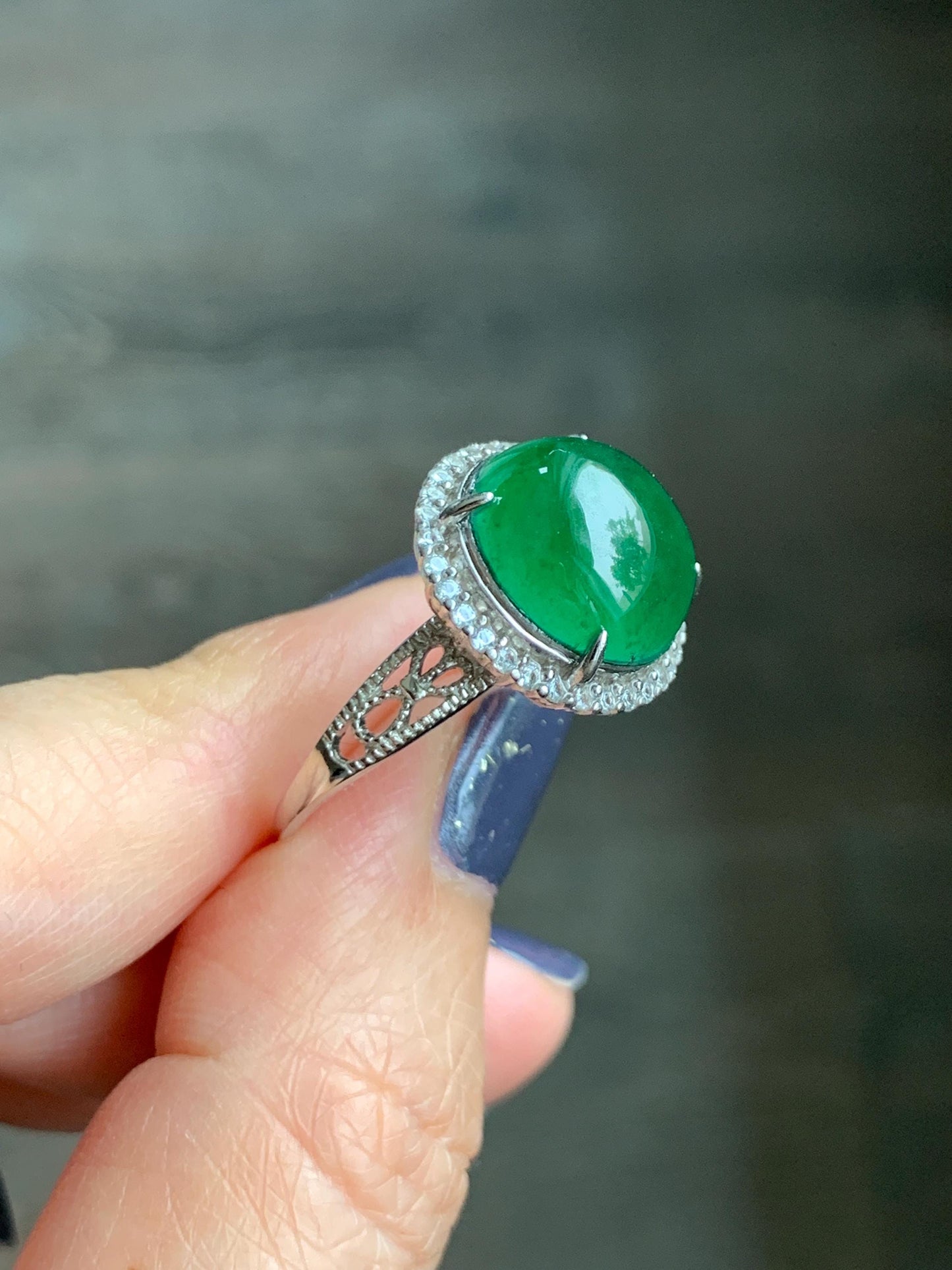Certified Natural Grade A Guatemalan Icy Translucent Vibrant Green Round Jade Jadeite Ring Sterling Silver Size Adjustable 天然冰危绿翡翠蛋面戒指 9439