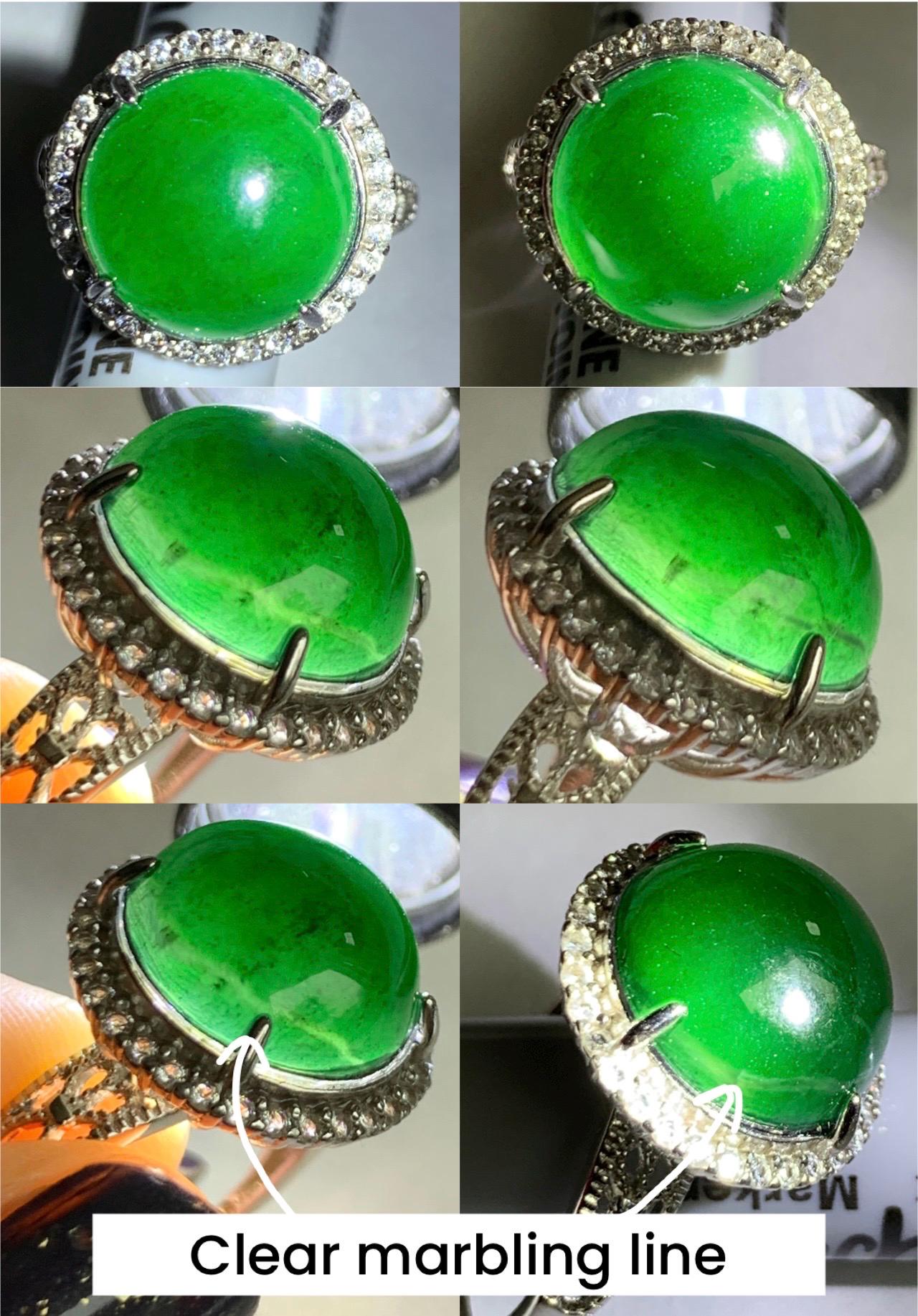 Certified Natural Grade A Guatemalan Icy Translucent Vibrant Green Round Jade Jadeite Ring Sterling Silver Size Adjustable 天然冰危绿翡翠蛋面戒指 9439