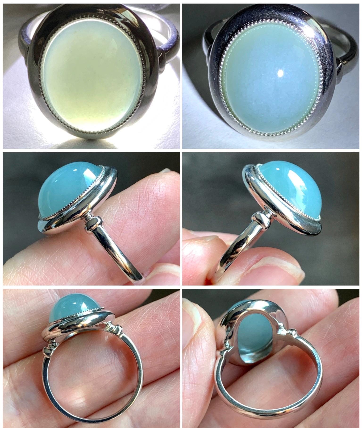 Certified Natural Guatemalan Icy Translucent Dusty Light Blue Jadeite Large Oval Ring Sterling Silver size 7.25 US 4.74g 天然冰胶危浅蓝翡翠镶嵌戒指 7401