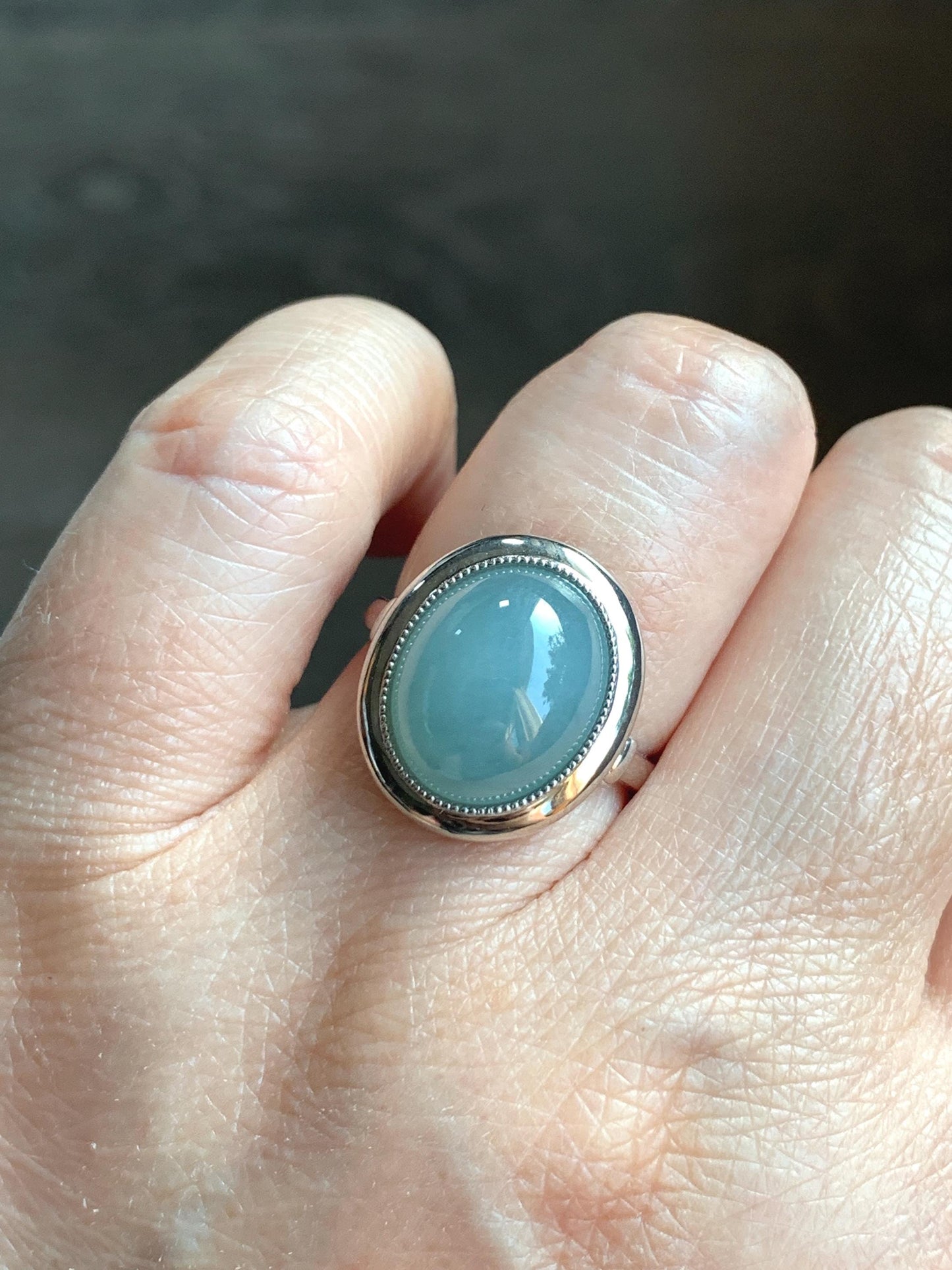 Certified Natural Guatemalan Icy Translucent Dusty Light Blue Jadeite Large Oval Ring Sterling Silver size 7.25 US 4.74g 天然冰胶危浅蓝翡翠镶嵌戒指 7401