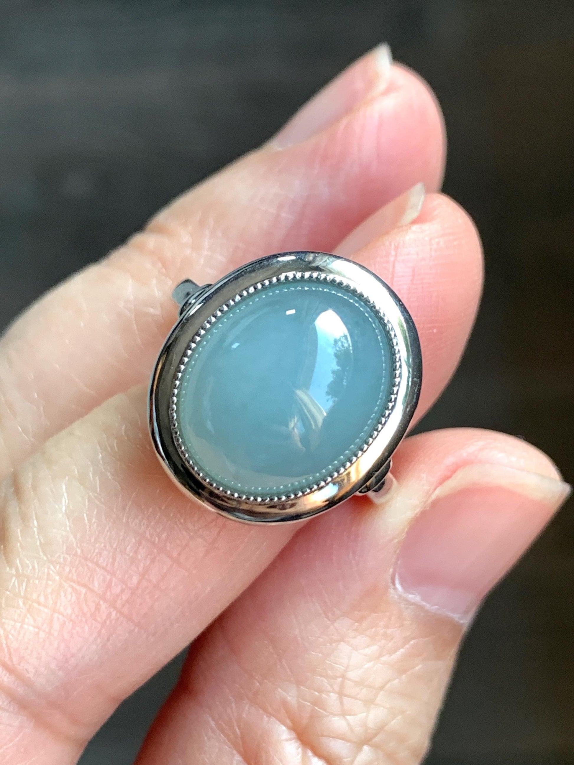Certified Natural Guatemalan Icy Translucent Dusty Light Blue Jadeite Large Oval Ring Sterling Silver size 7.25 US 4.74g 天然冰胶危浅蓝翡翠镶嵌戒指 7401